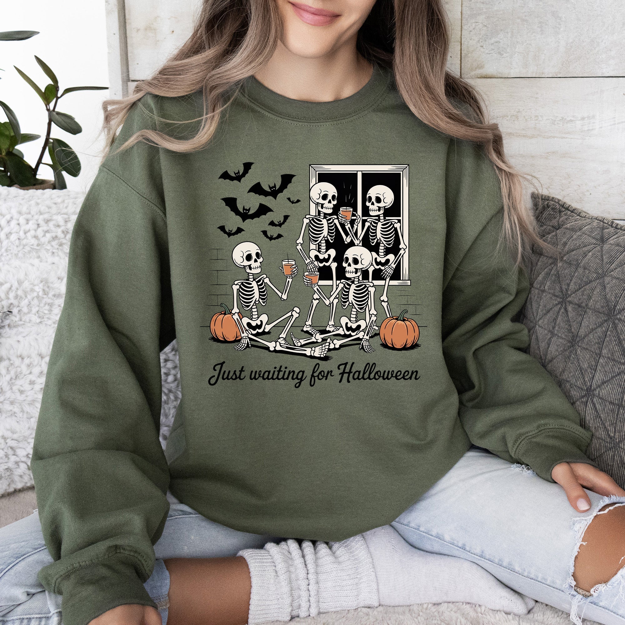 Just Waiting for Halloween Skeleton Ghost Vintage Retro Spooky Costume Fall Graphic Sweatshirt