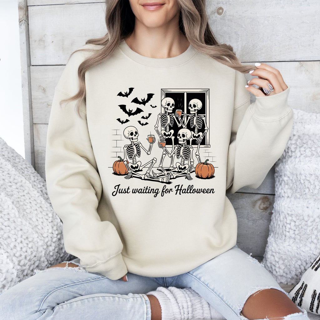 Just Waiting for Halloween Skeleton Ghost Vintage Retro Spooky Costume Fall Graphic Sweatshirt