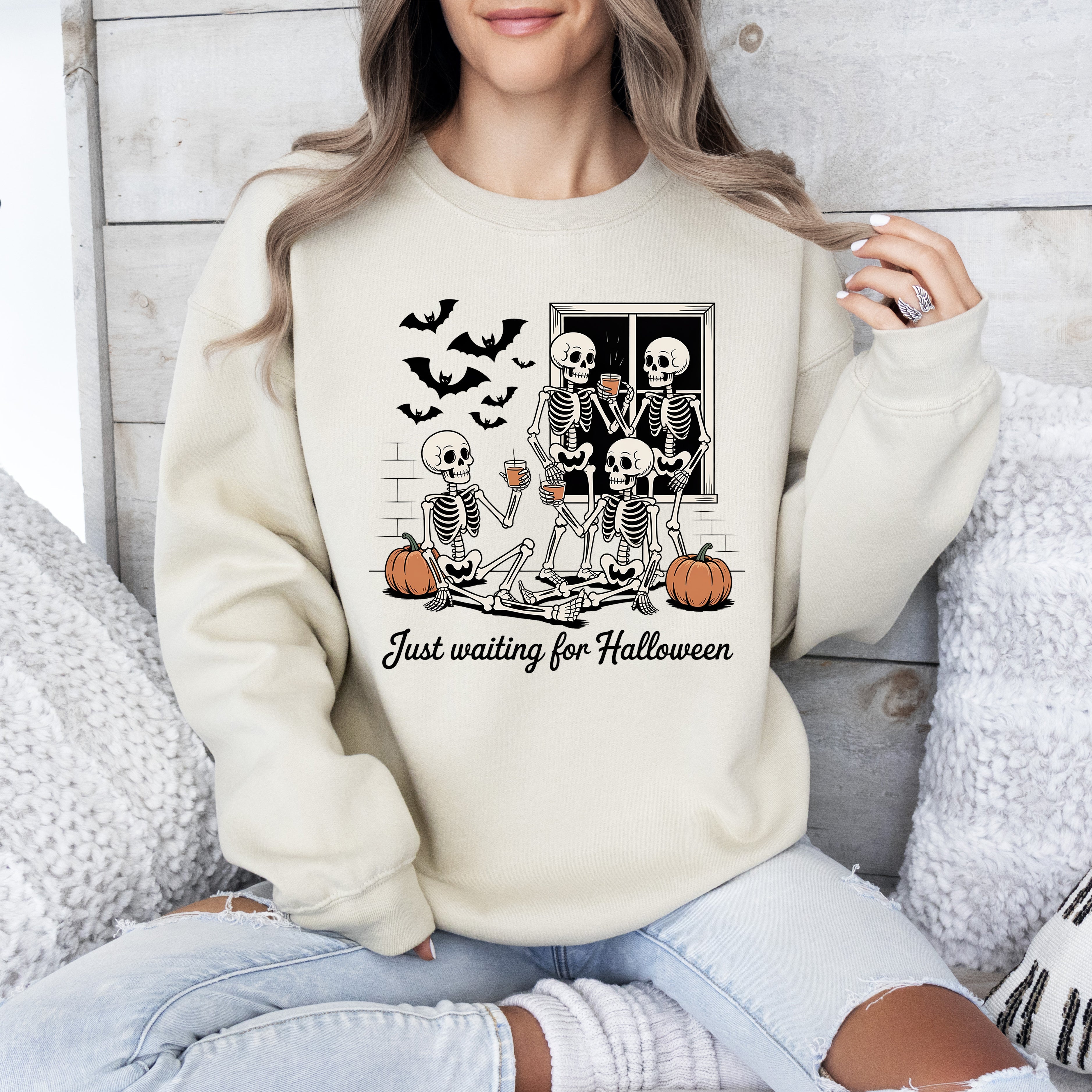 Just Waiting for Halloween Skeleton Ghost Vintage Retro Spooky Costume Fall Graphic Sweatshirt