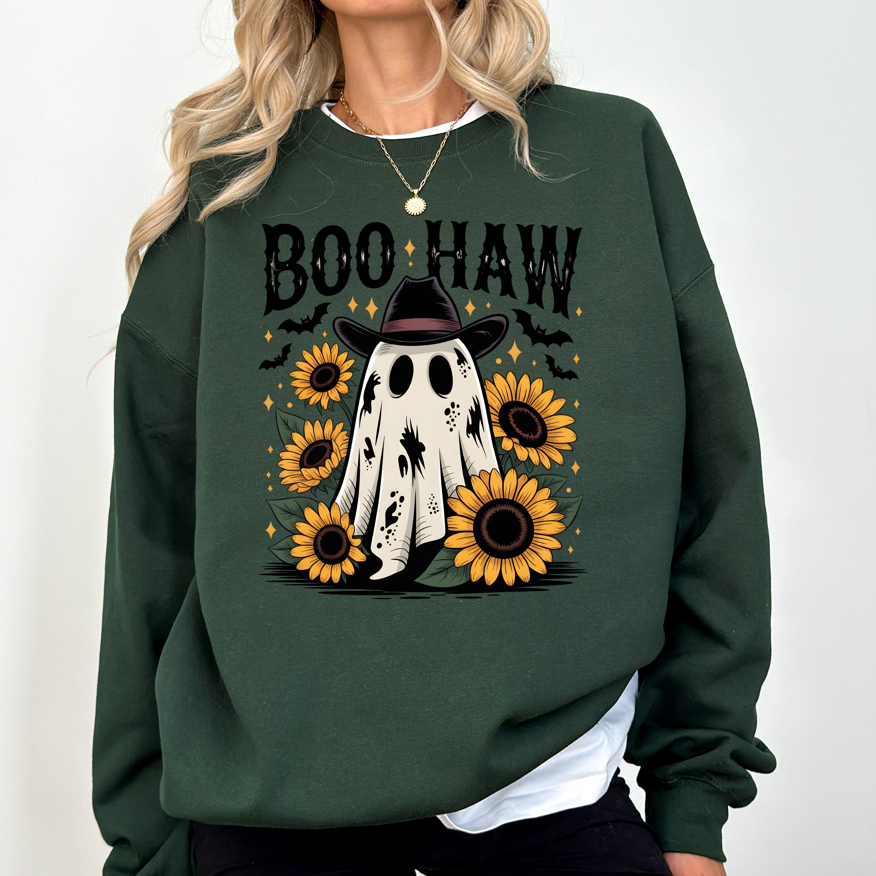Boo Haw, Cowboy Ghost Halloween Western Sunflowers Vintage Pumpkin Retro Spooky Graphic Sweatshirt
