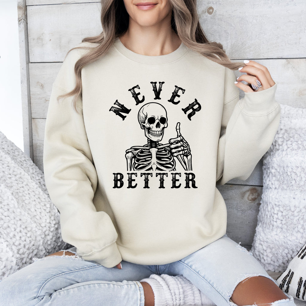 Never Better Cowboy Ghost Halloween Western Vintage Pumpkin Skeleton Retro Fall Graphic Sweatshirt