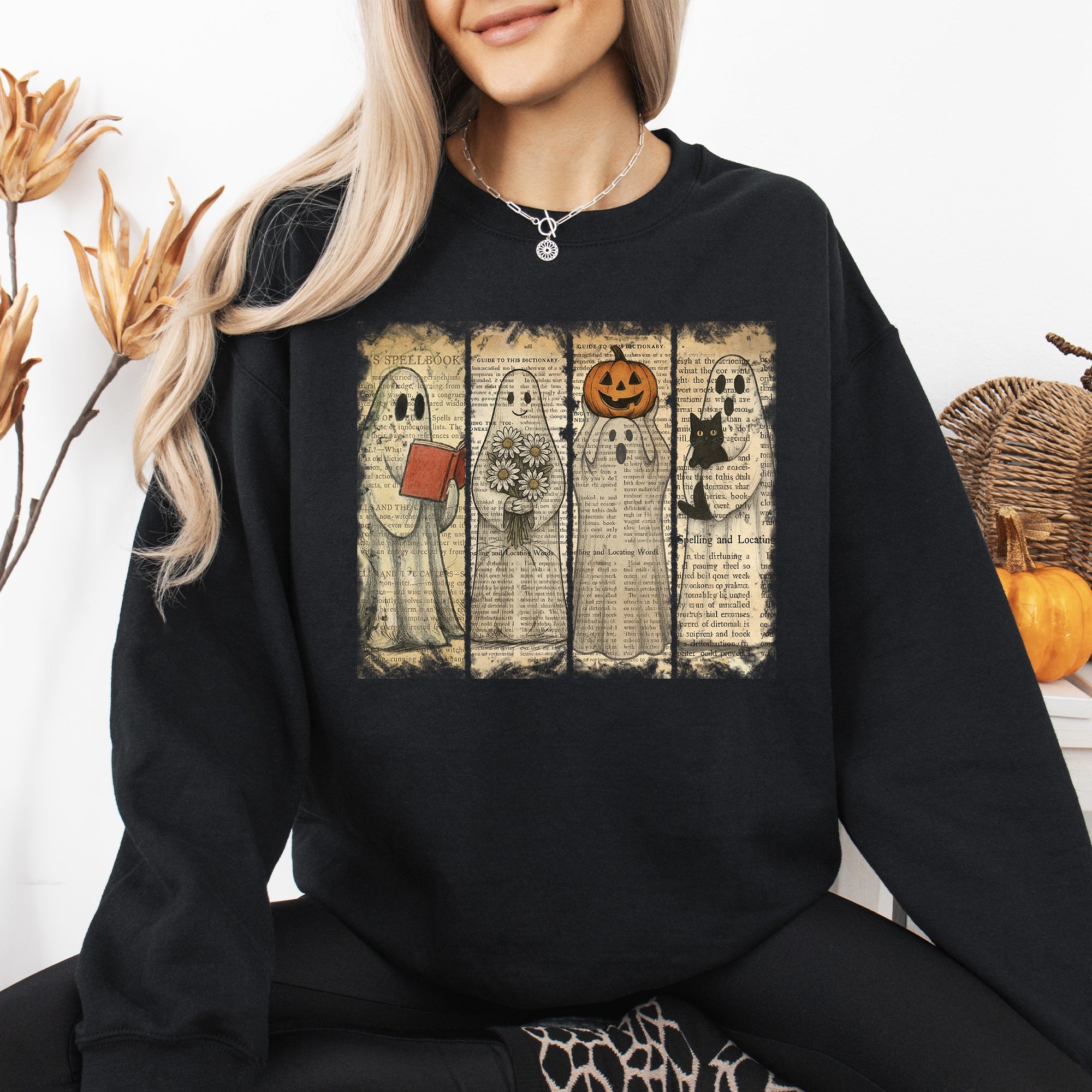 Vintage Newspaper Ghost Halloween Book Cat Western Pumpkin Retro Spooky Costume Fall Graphic Sweatshirt