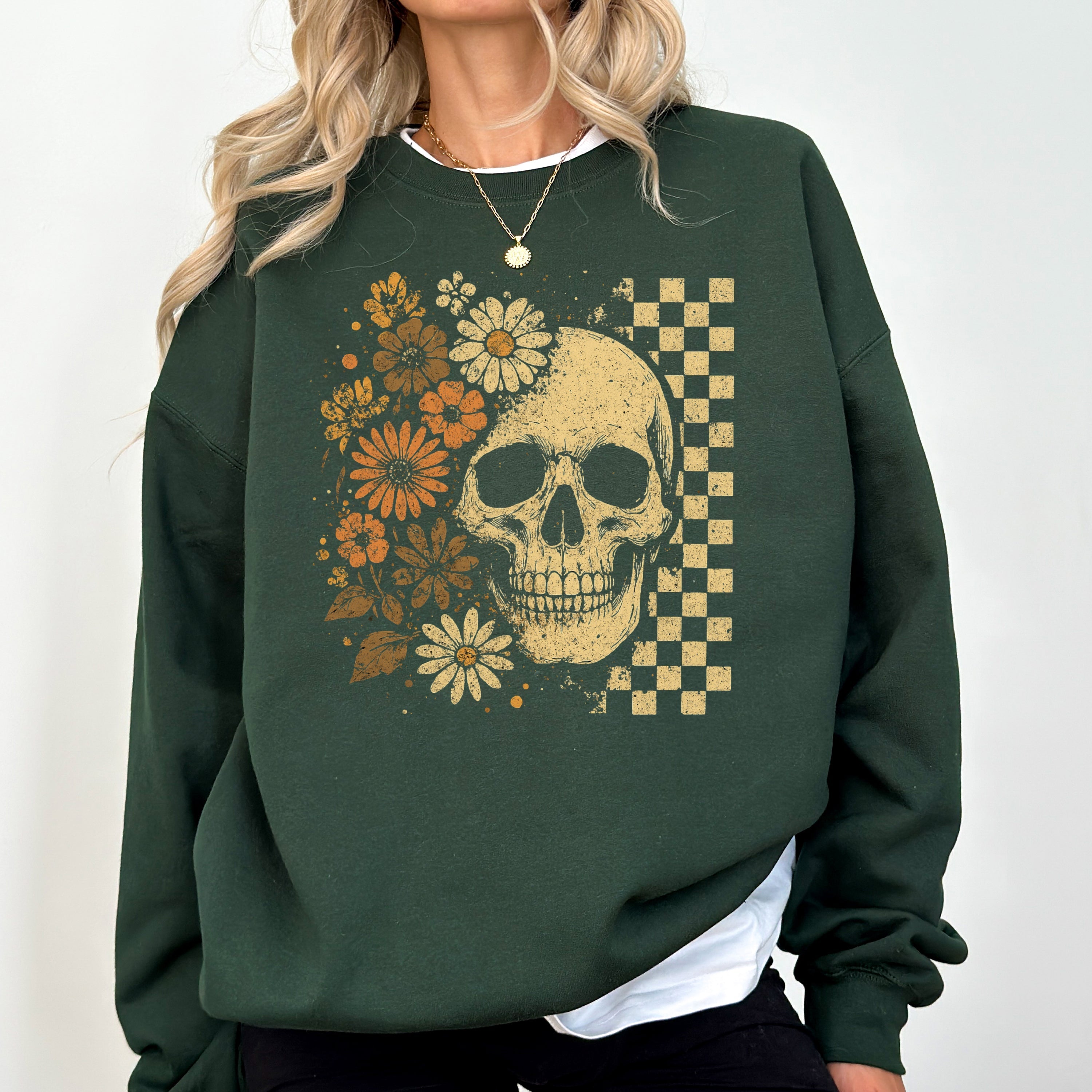 Vintage Skull Floral Checkered Ghost Halloween Book Cat Western Pumpkin Retro Spooky Graphic Sweatshirt