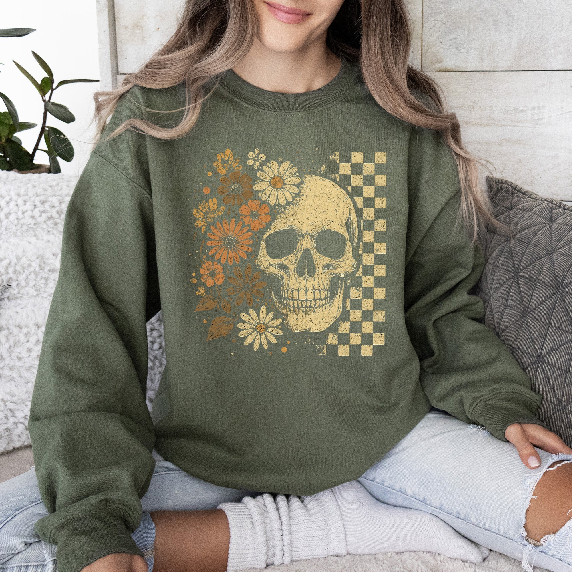 Vintage Skull Floral Checkered Ghost Halloween Book Cat Western Pumpkin Retro Spooky Graphic Sweatshirt