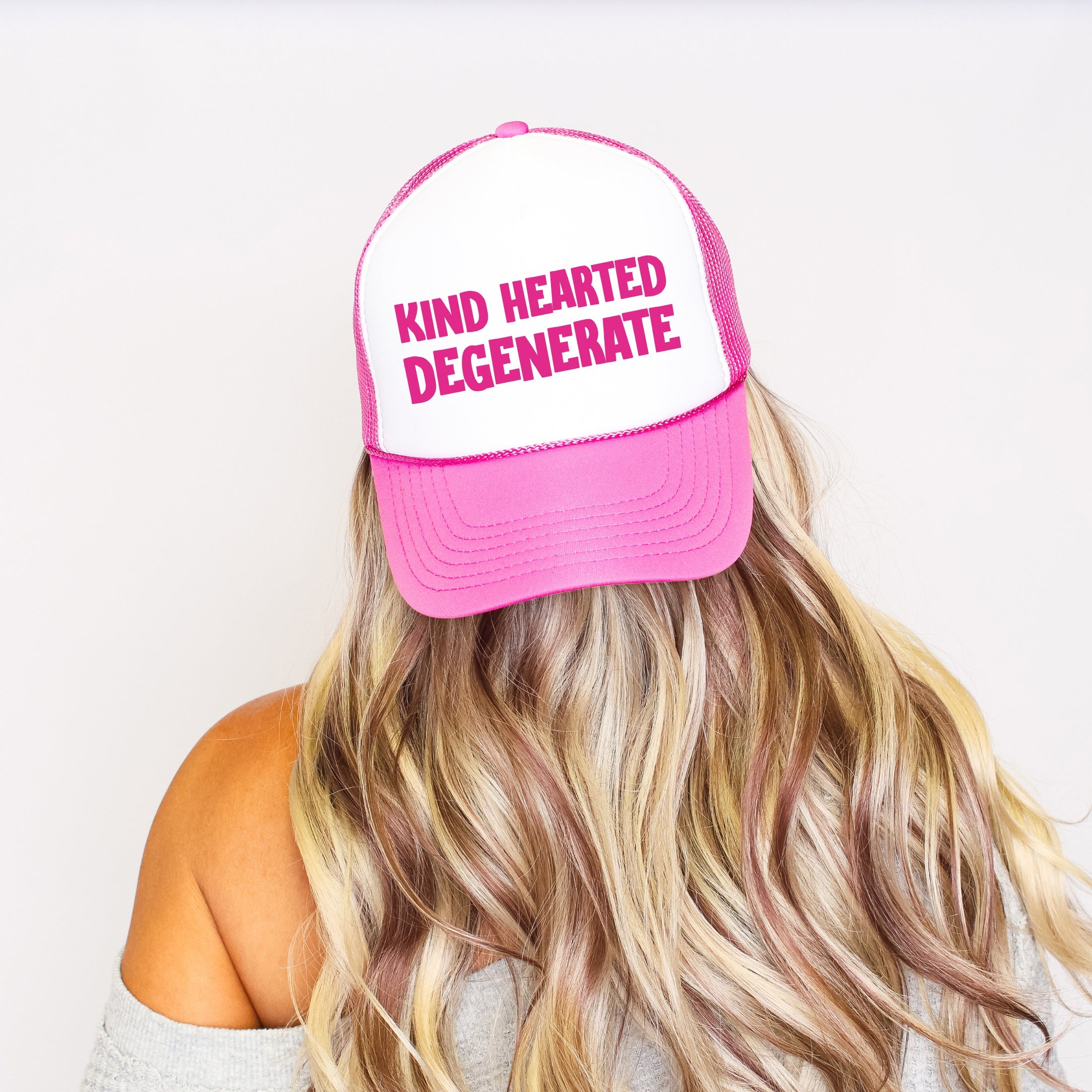 Kind Hearted Degenerate Bright Pink Vintage Style Bold Statement Premium Quality Trucker Hat
