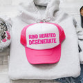 Kind Hearted Degenerate Bright Pink Vintage Style Bold Statement Premium Quality Trucker Hat