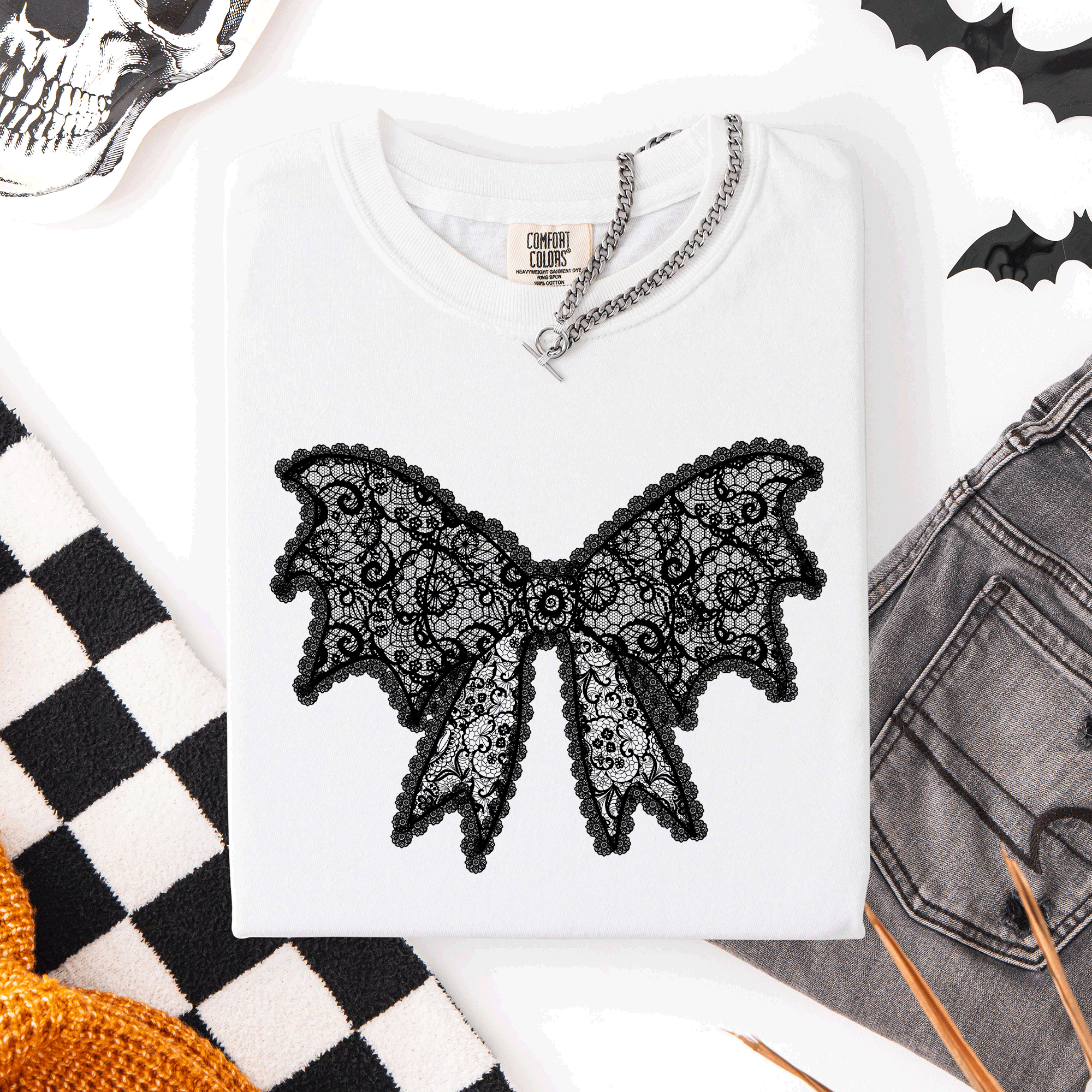 Lace Bow Halloween Goth Faux Lace Ribbon Coquette Silhouette Across The Night Comfort Colors Tee