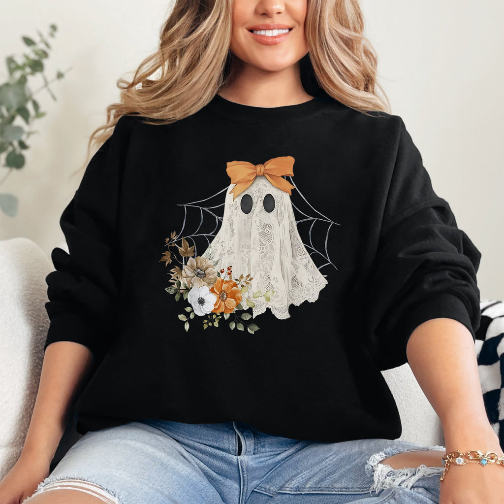 Lace Ghost Halloween Girly Spooky Coquette Lacey Ghost Orange Bow Ribbon Flowers Spider Web Sweatshirt