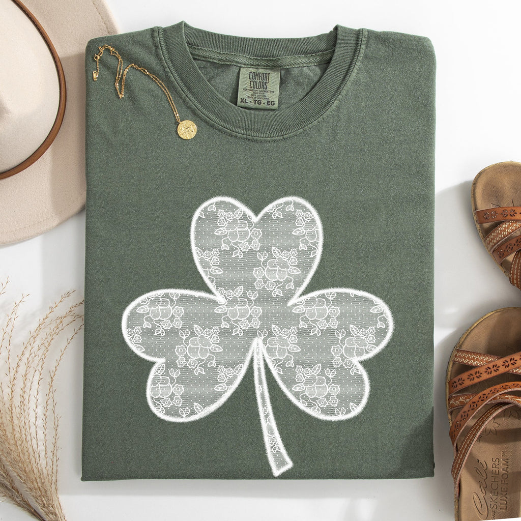 Lace Coquette Shamrock Clover Leprechaun St Patrick's Day Irish Luck Comfort Colors Tee