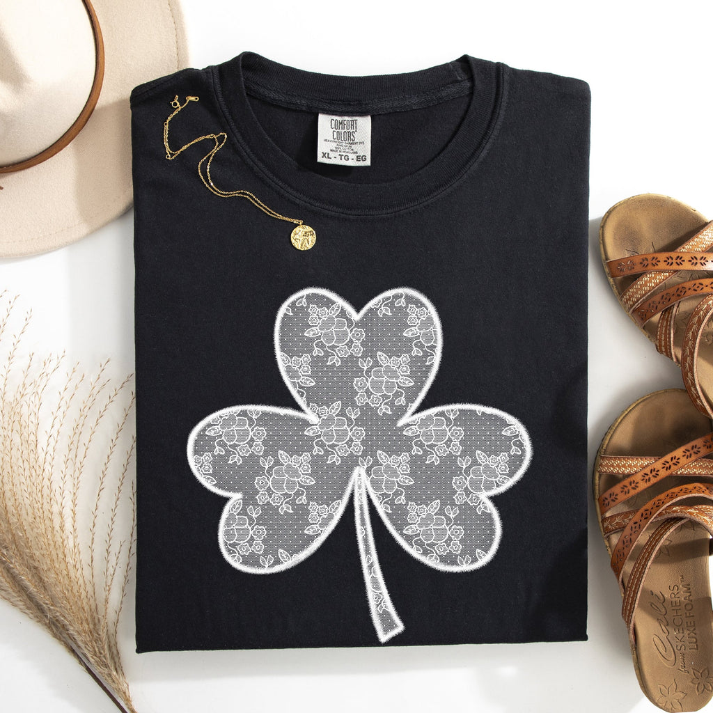Lace Coquette Shamrock Clover Leprechaun St Patrick's Day Irish Luck Comfort Colors Tee
