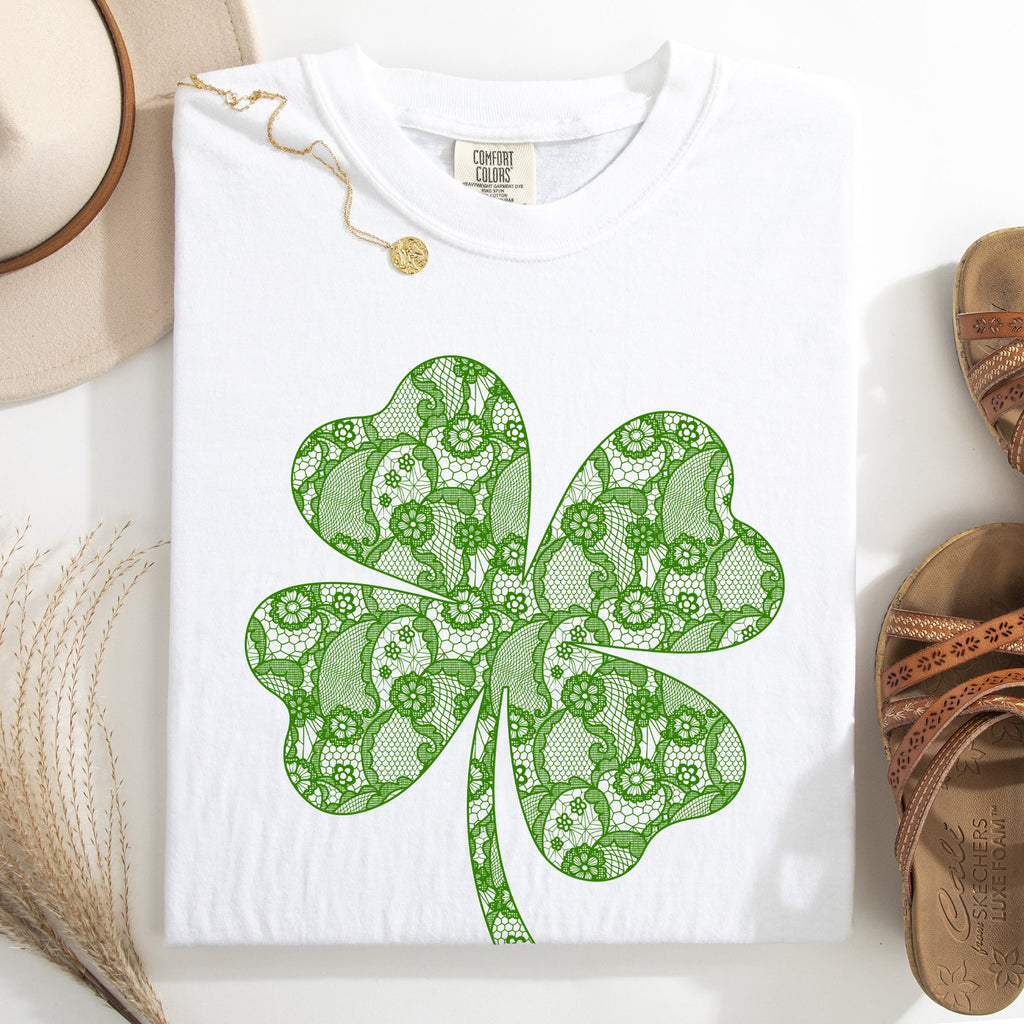 Lace Coquette Shamrock Clover Lucky Leprechaun St Patrick's Day Comfort Colors Tee