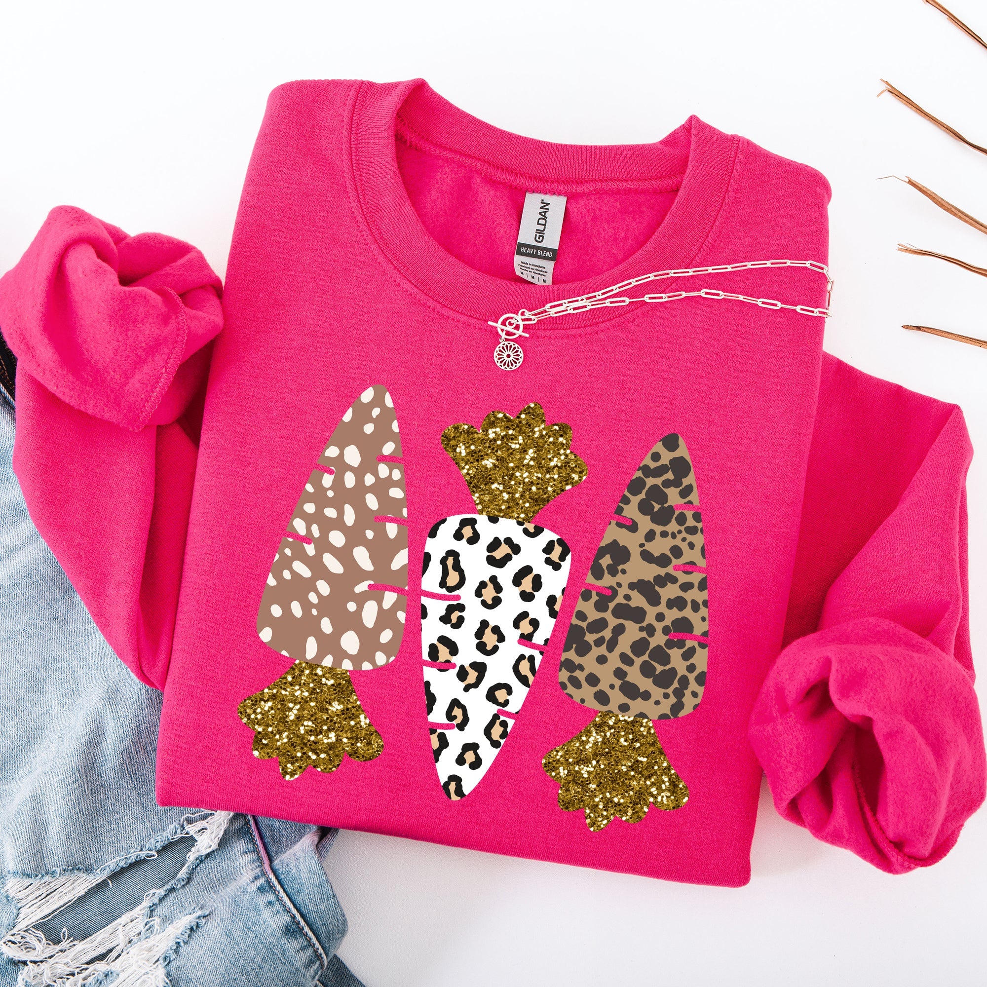 Leopard Print Carrots Easter Bunny Jesus Rabbit Holiday Themed Graphic Sweatshirt