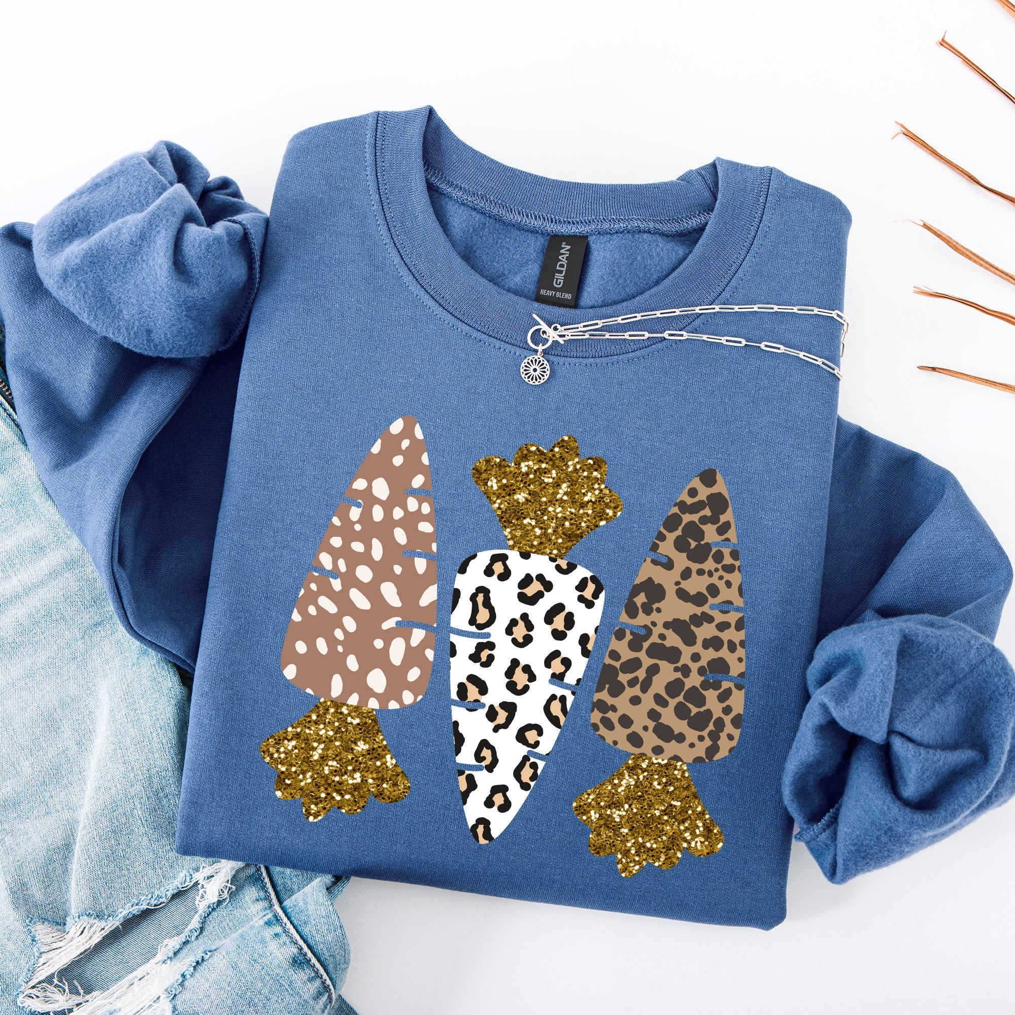 Leopard Print Carrots Easter Bunny Jesus Rabbit Holiday Themed Graphic Sweatshirt