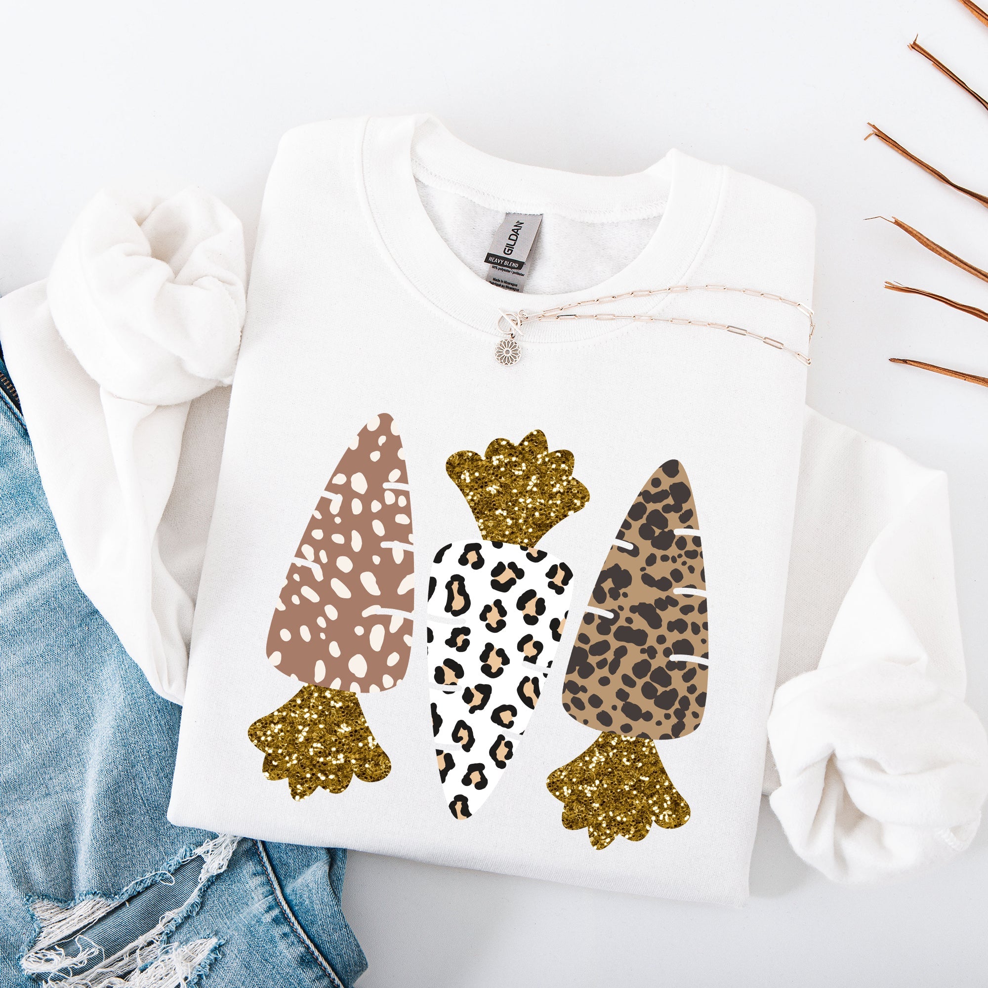 Leopard Print Carrots Easter Bunny Jesus Rabbit Holiday Themed Graphic Sweatshirt