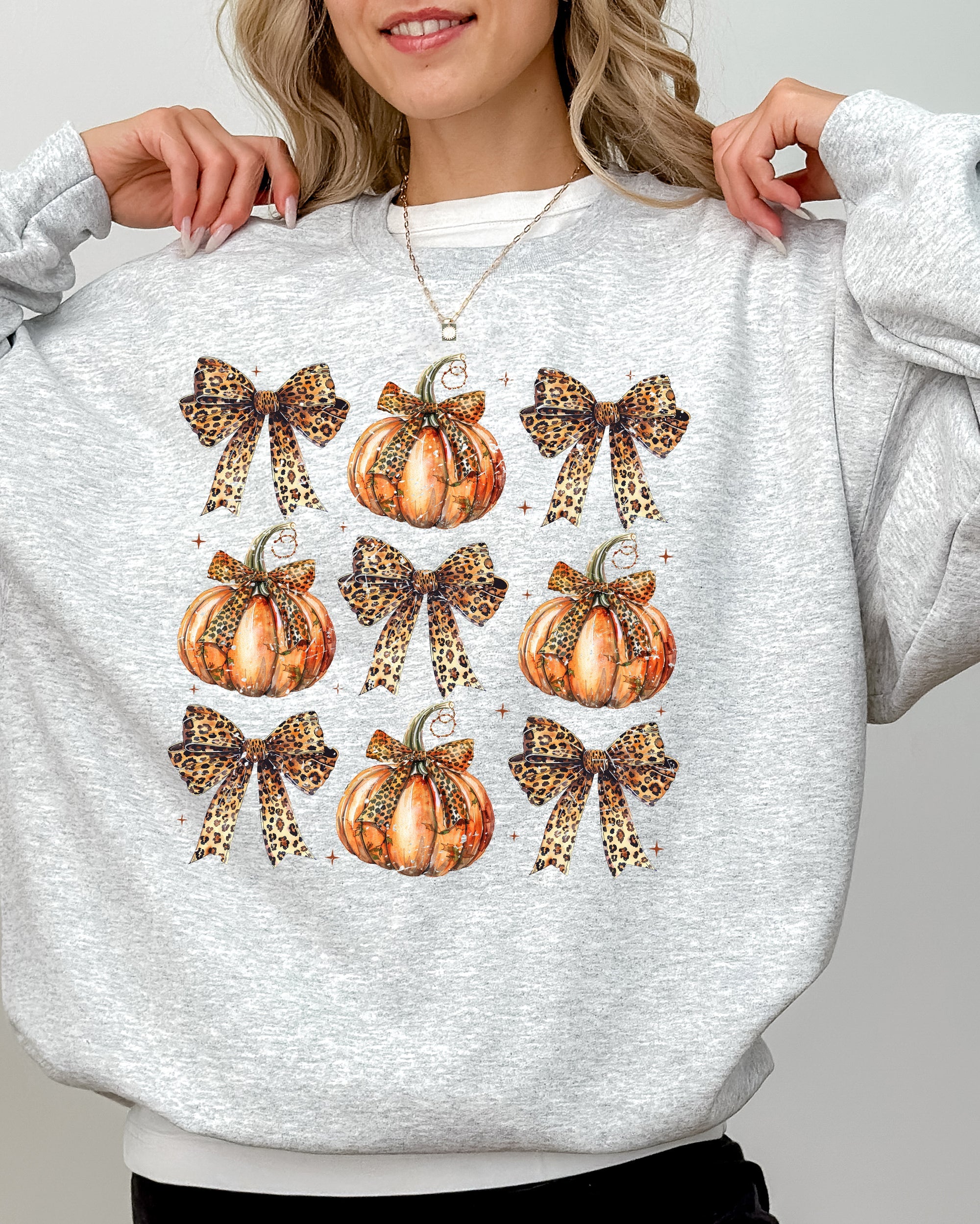 Leopard Print Pumpkins With Coquette Ribbons And Bows Halloween Autumn Sweatshirt