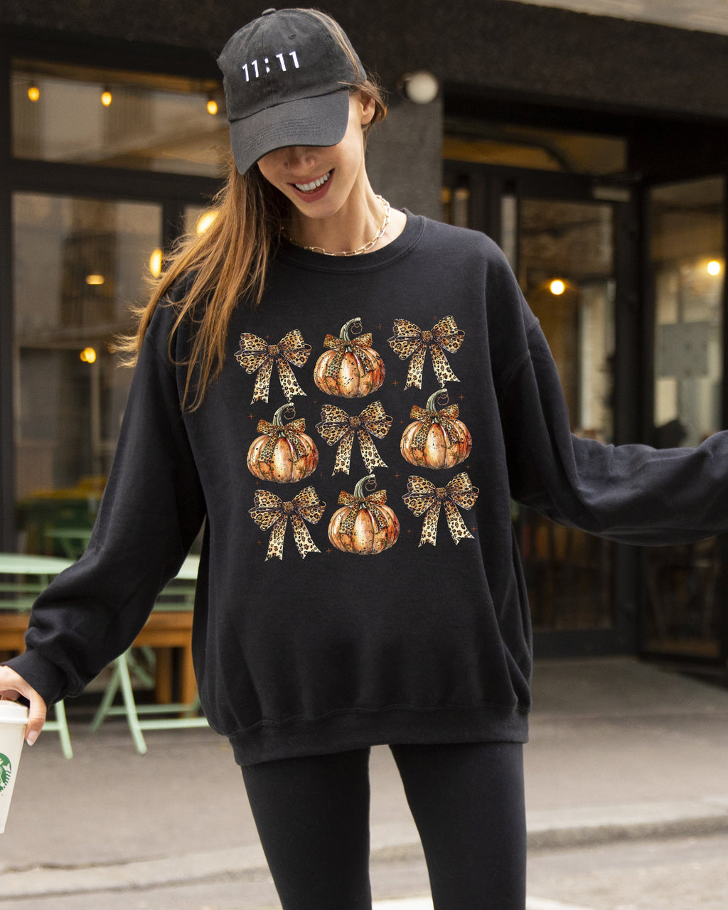 Leopard Print Pumpkins With Coquette Ribbons And Bows Halloween Autumn Sweatshirt