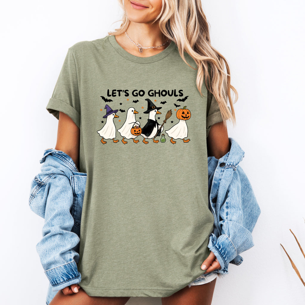 Let's Go Ghouls Geese With Witch Hats For Halloween Night Grinning Goose Parade Graphic Tee