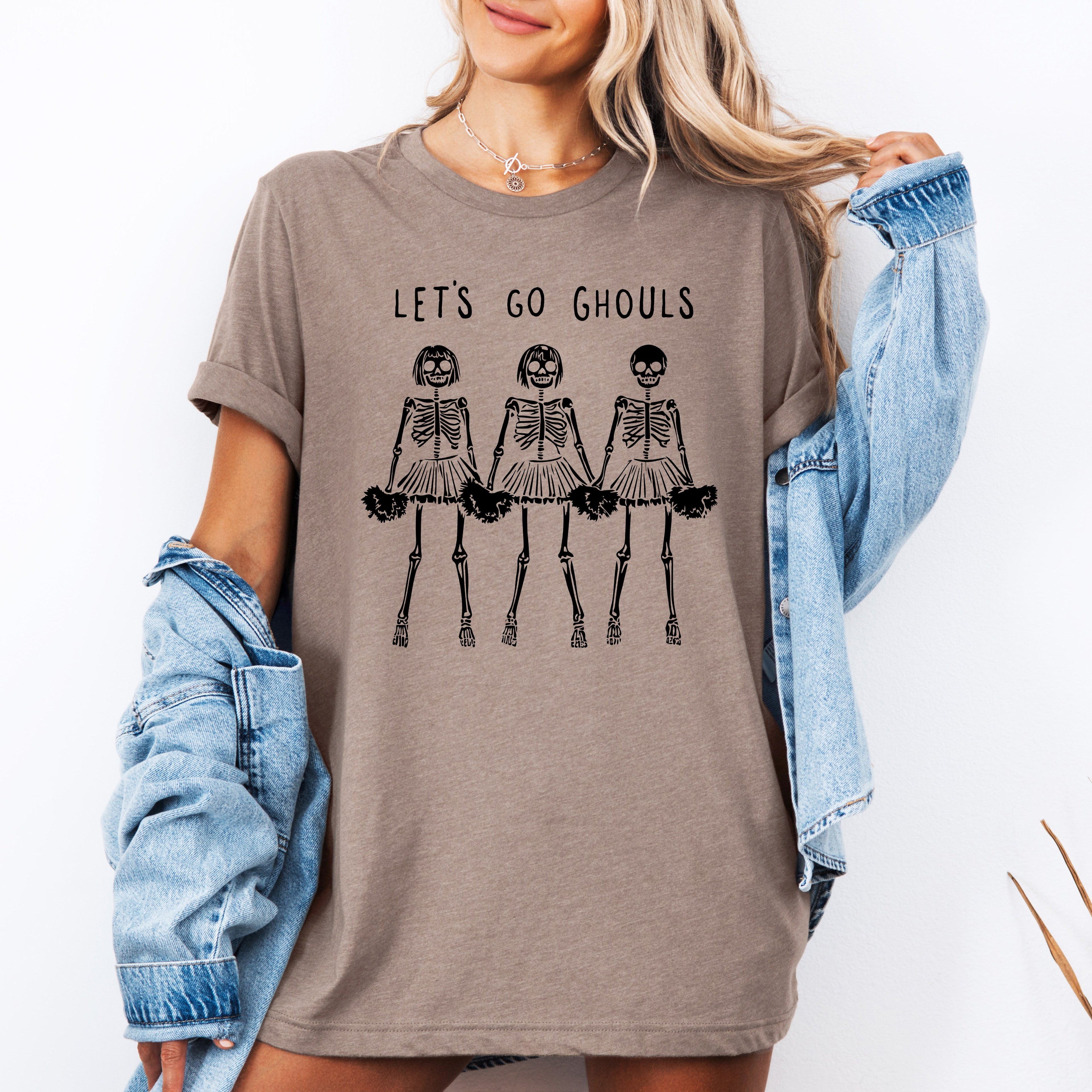 Let's Go Ghouls Skeleton Cheerleaders Halloween Parade Night Spooky Cheerleaders Graphic Tee
