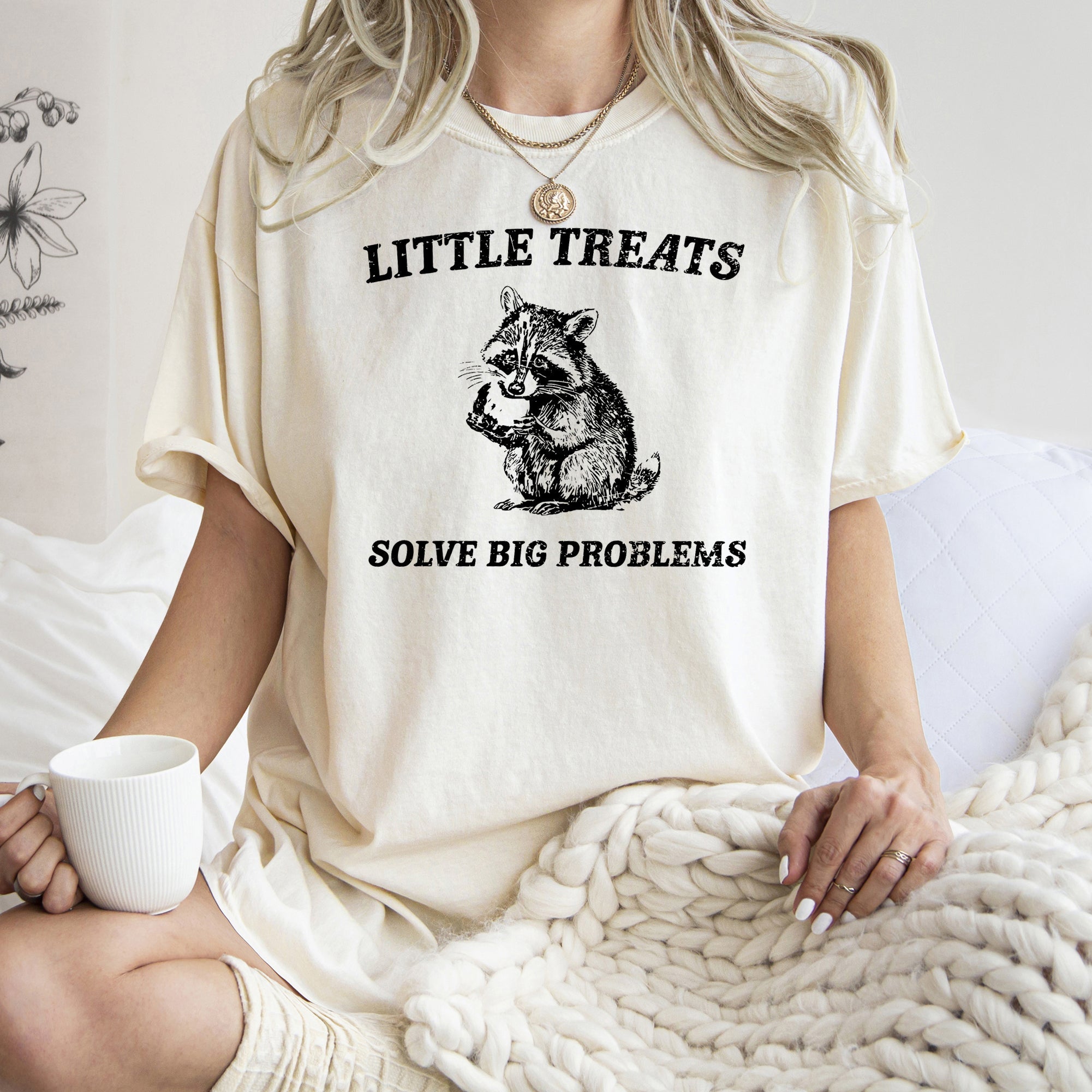 Little Treats Solve Big Problems Raccoon Meme Graphic Playful Comfort Colors Tee