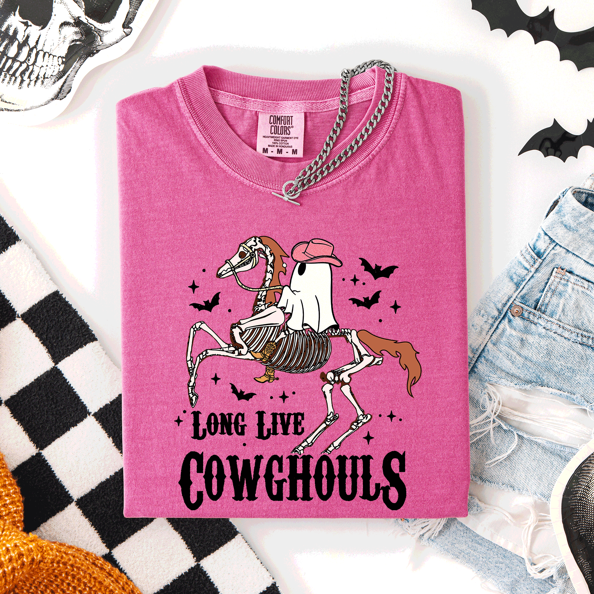 Long Live Cowghouls Skeleton Ghost Horse Halloween Spooky Night Gothic Vibes Comfort Colors Tee