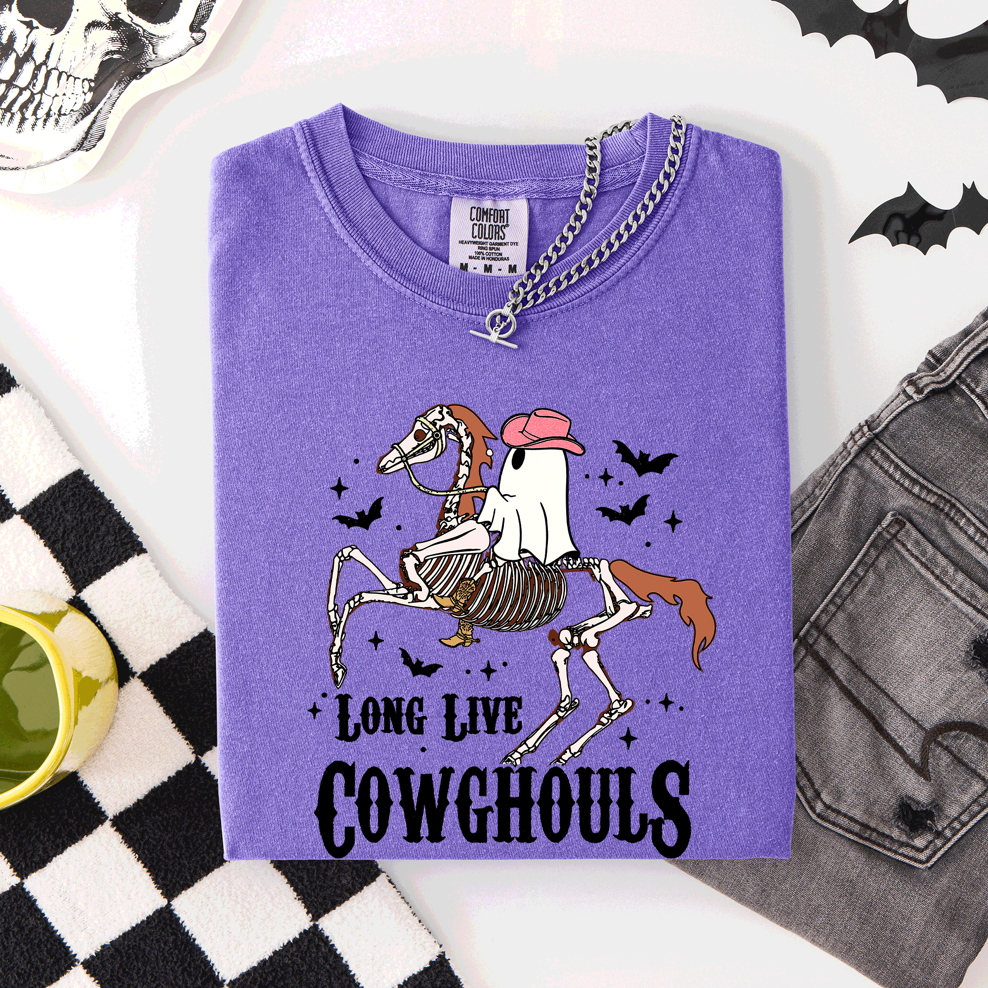 Long Live Cowghouls Skeleton Ghost Horse Halloween Spooky Night Gothic Vibes Comfort Colors Tee