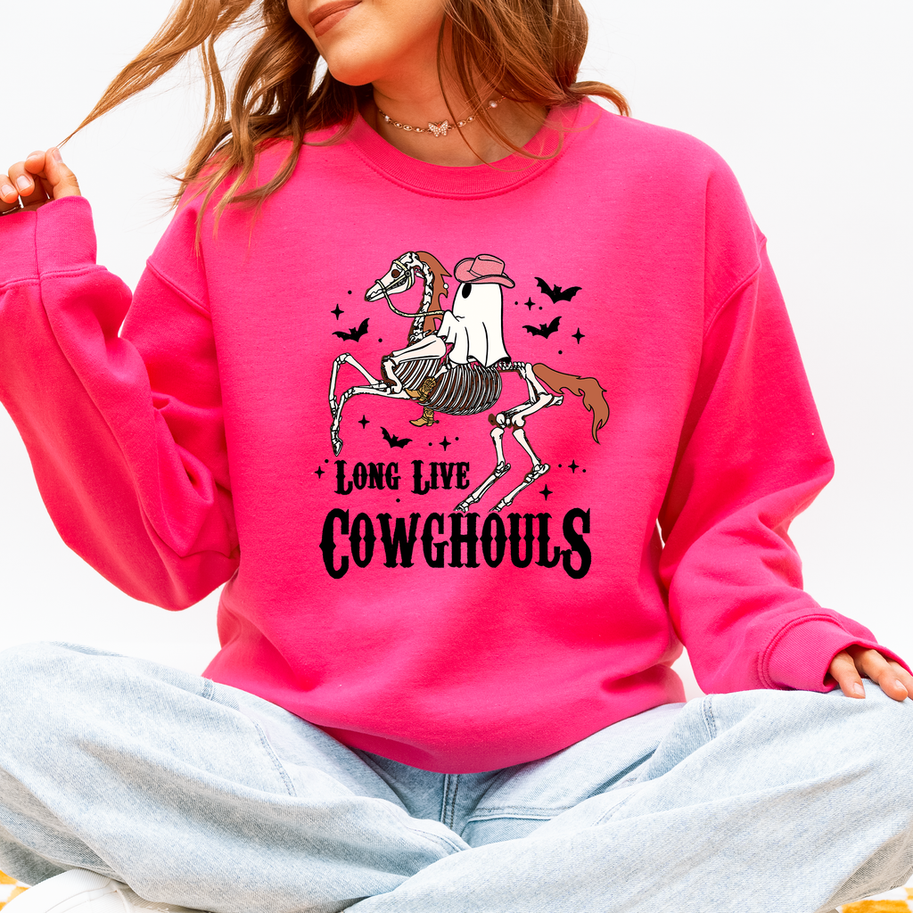 Long Live Cowghouls Skeleton Ghost Horse Halloween Western Inspired Graphic Sweatshirt