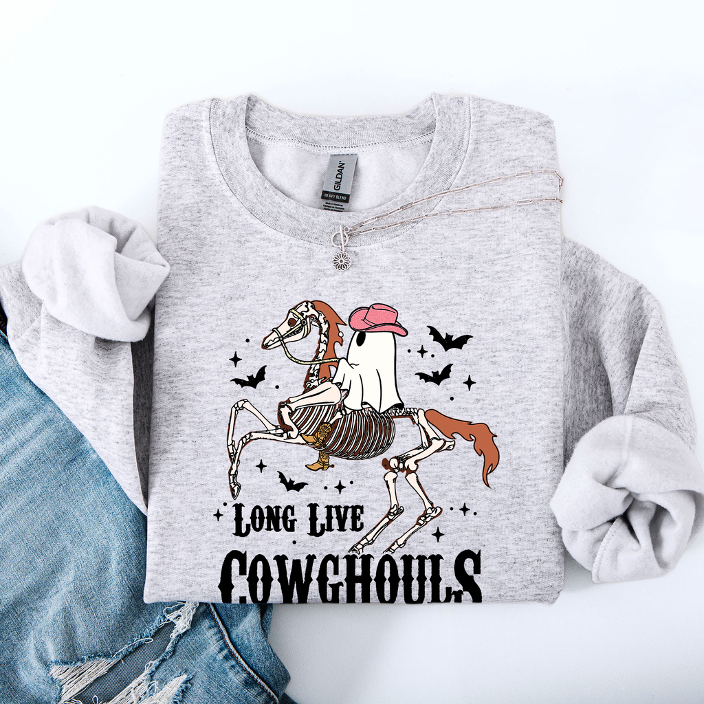 Long Live Cowghouls Skeleton Ghost Horse Halloween Western Inspired Graphic Sweatshirt