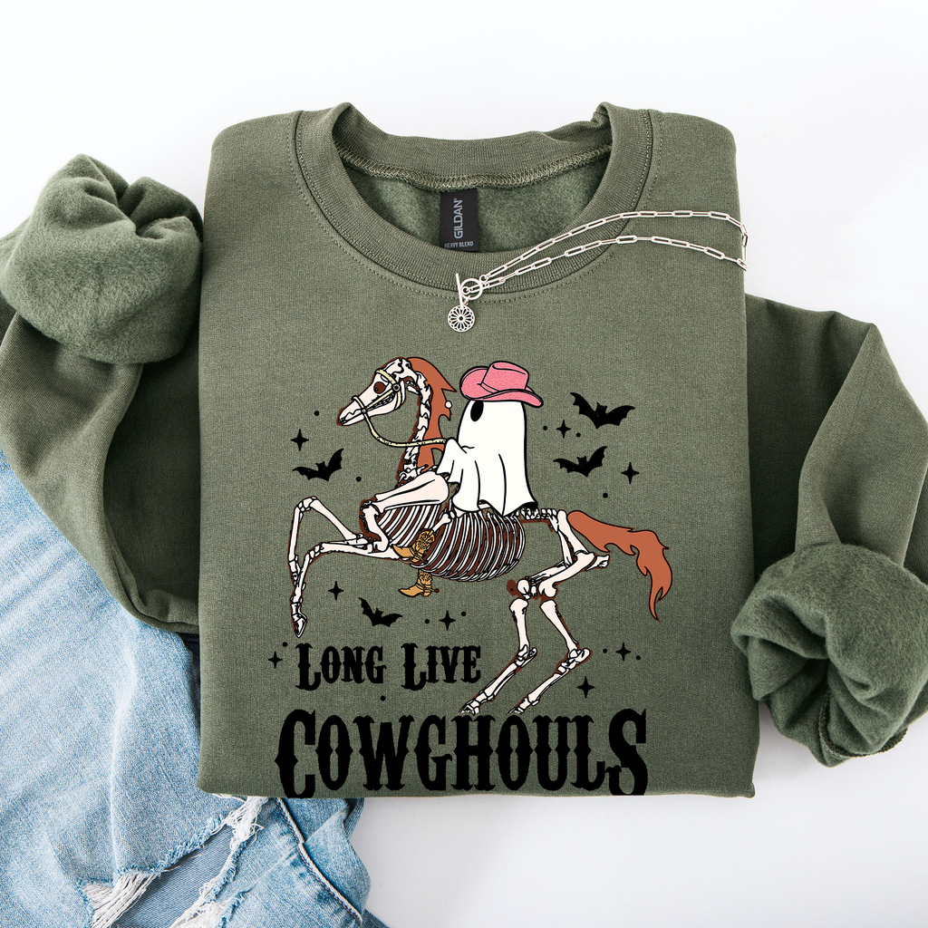 Long Live Cowghouls Skeleton Ghost Horse Halloween Western Inspired Graphic Sweatshirt