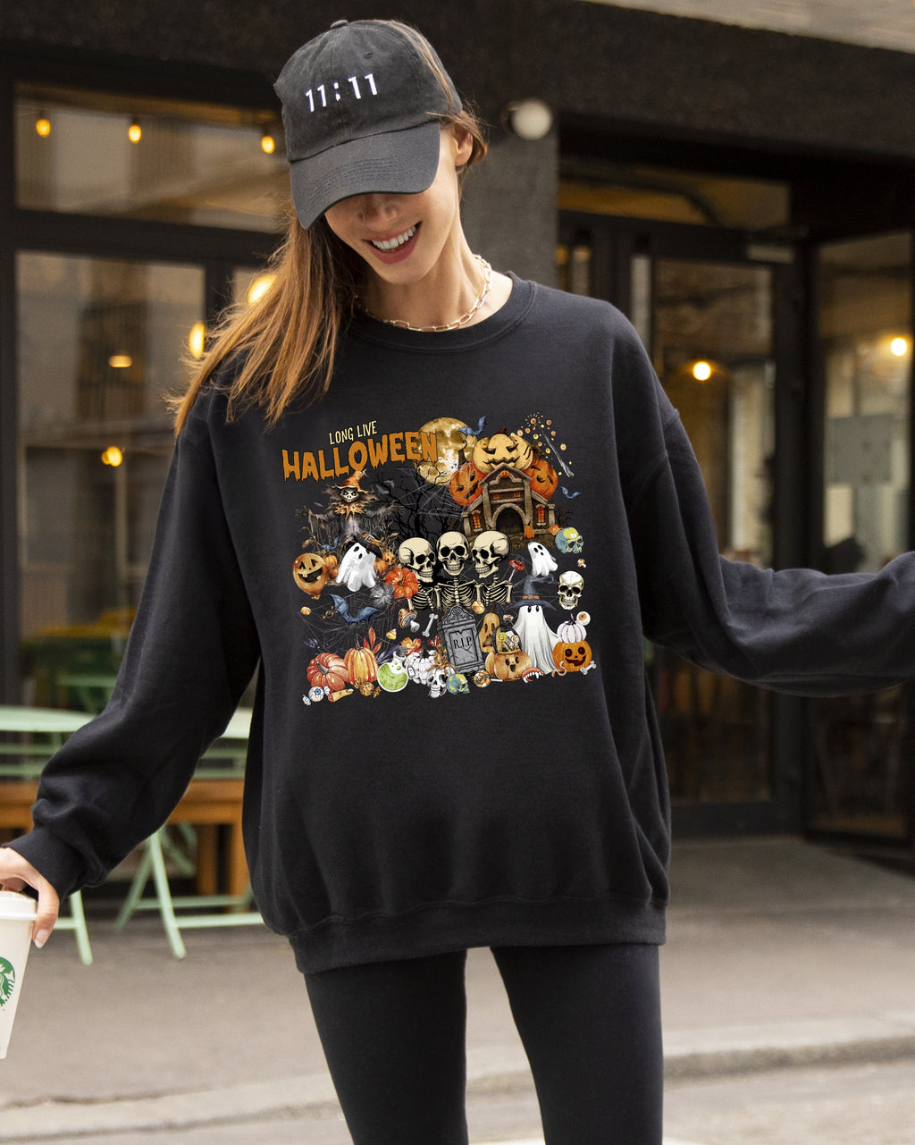 Long Live Halloween Spooky Scene Witch Skeleton Ghost Haunted Classic Graphic Sweatshirt