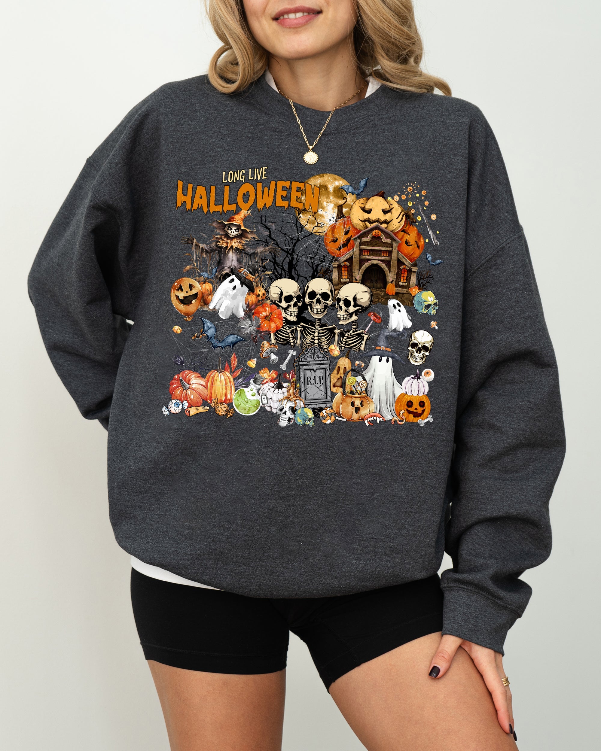 Long Live Halloween Spooky Scene Witch Skeleton Ghost Haunted Classic Graphic Sweatshirt