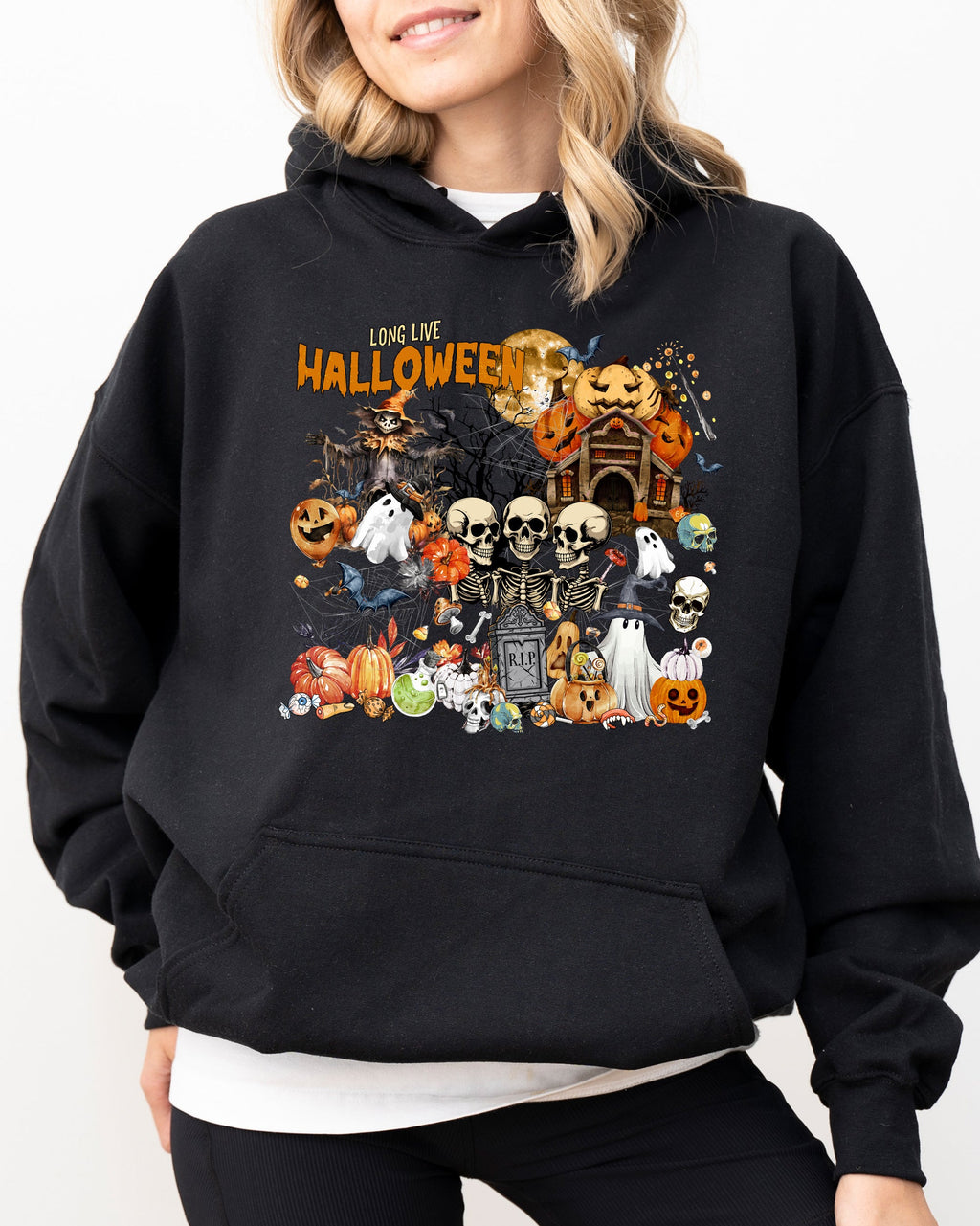 Long Live Halloween Spooky Scene Witch Skeleton Ghost Haunted Edition Hooded Sweatshirt