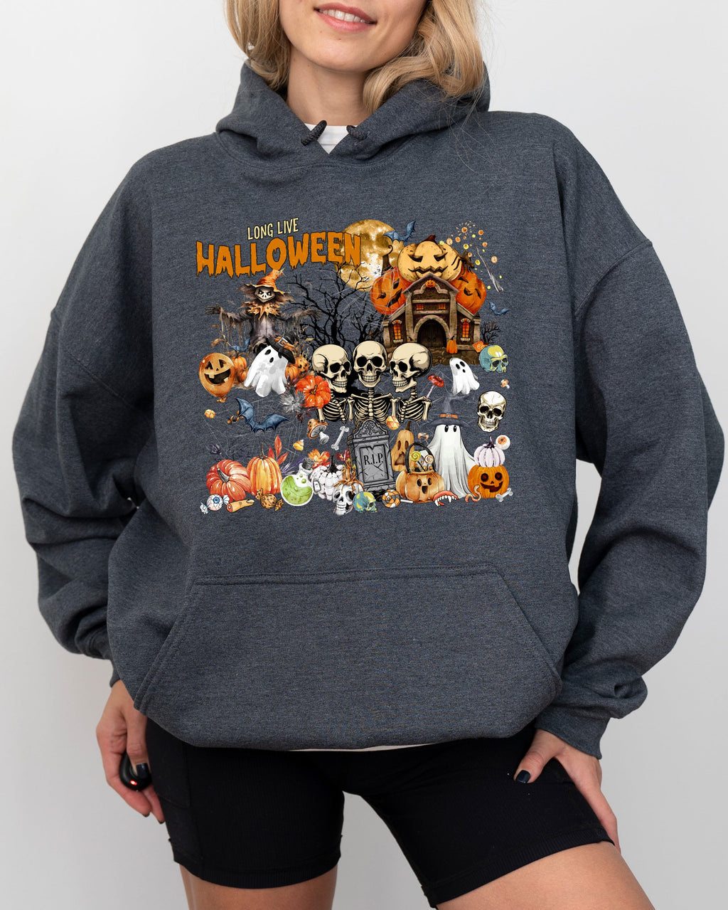 Long Live Halloween Spooky Scene Witch Skeleton Ghost Haunted Edition Hooded Sweatshirt
