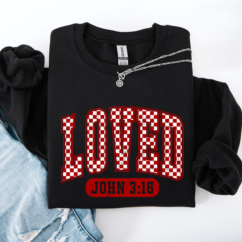 Loved John 3:16 Checkered Cozy Valentine Love Christian Faith Scripture Sweatshirt