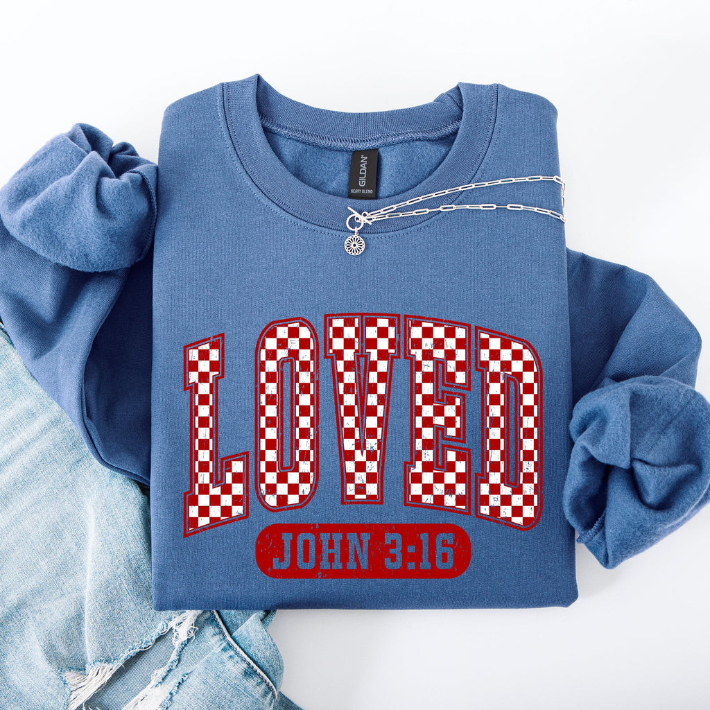 Loved John 3:16 Checkered Cozy Valentine Love Christian Faith Scripture Sweatshirt