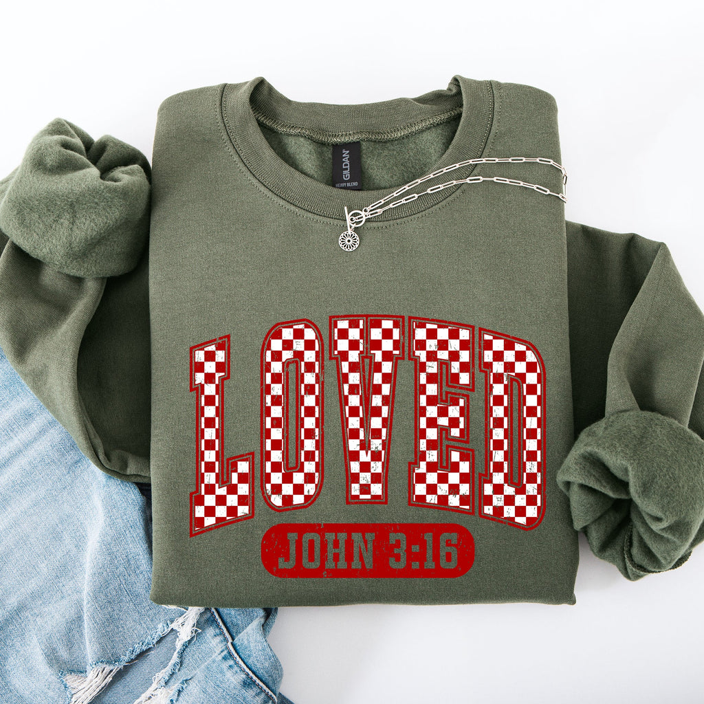 Loved John 3:16 Checkered Cozy Valentine Love Christian Faith Scripture Sweatshirt