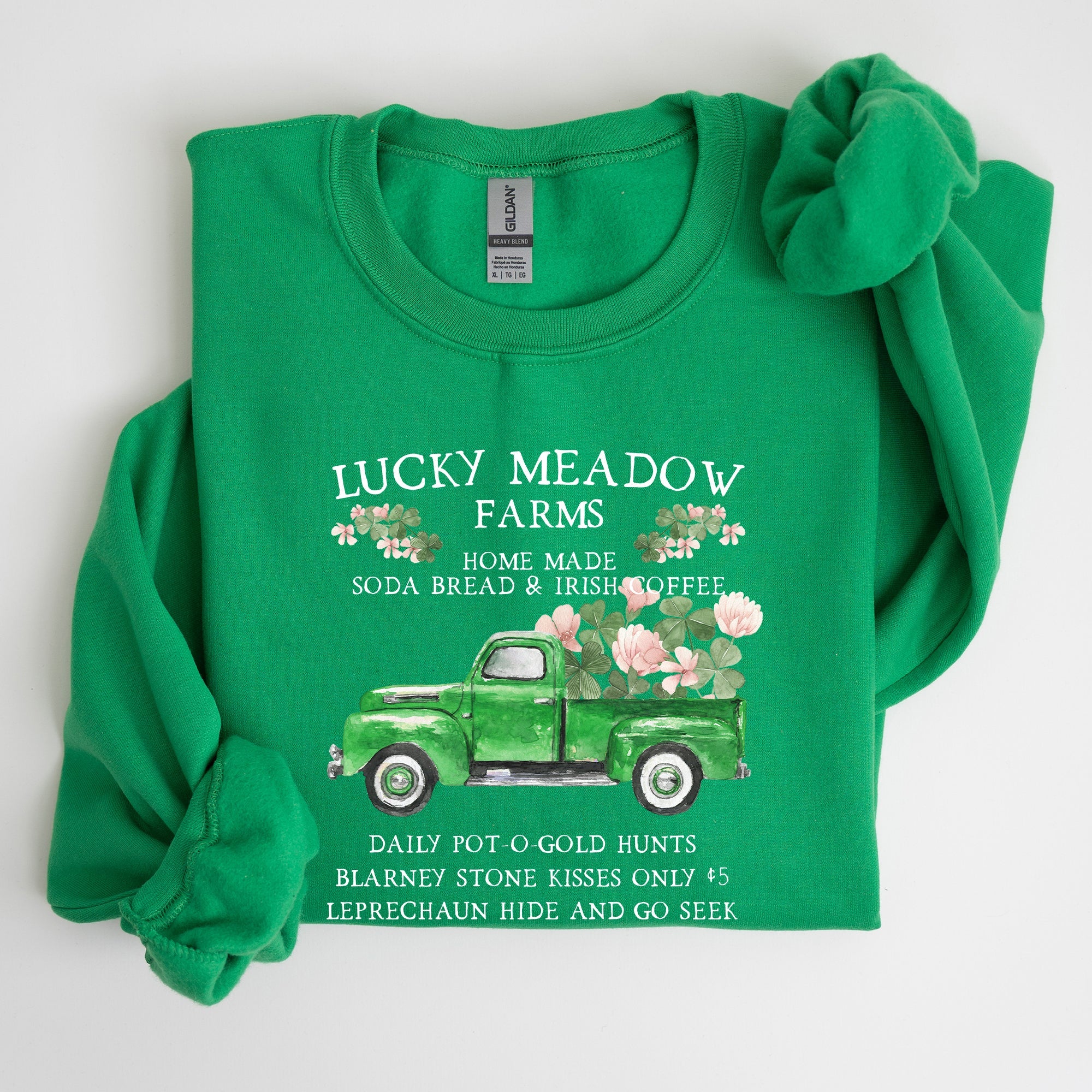 Lucky Meadow Farms St Patrick's Day Edition Shamrock Garden Sunset Design Cozy Premium Cotton Graphic Sweatshirt