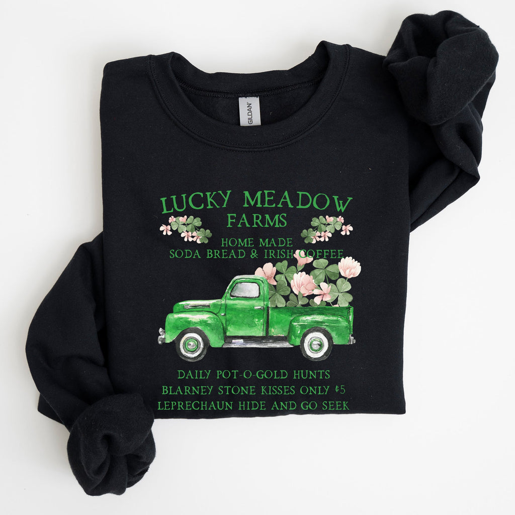 Lucky Meadow Farms St Patrick's Day Edition Shamrock Garden Sunset Design Cozy Premium Cotton Graphic Sweatshirt