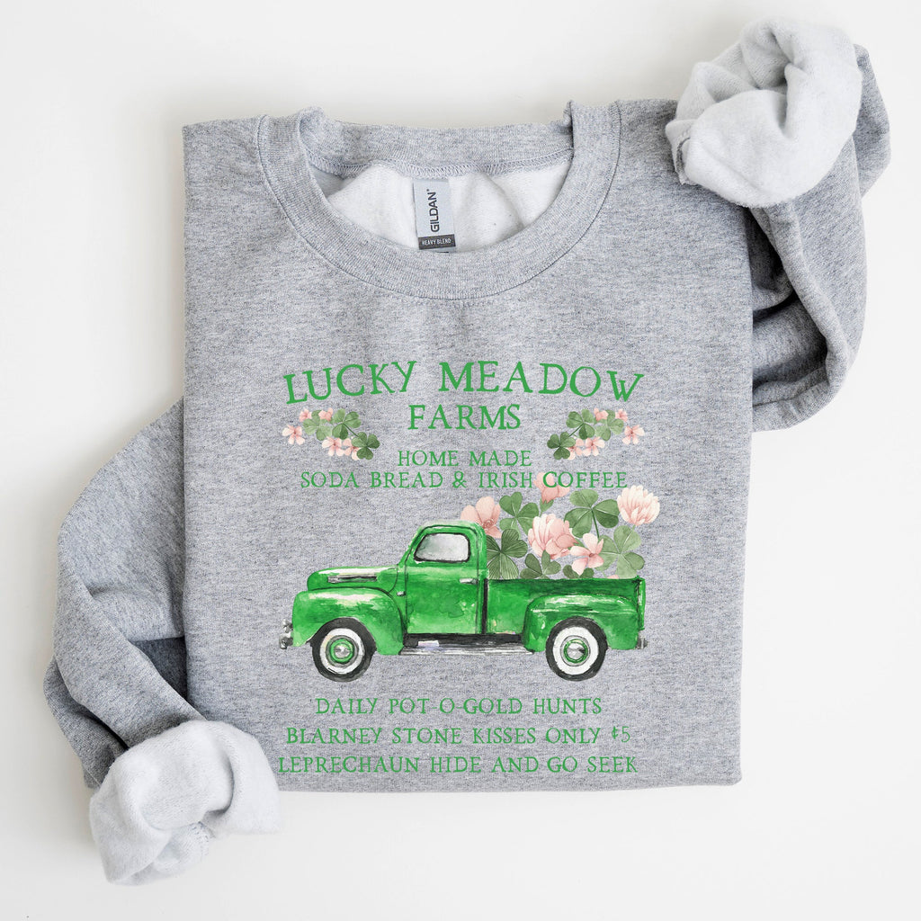 Lucky Meadow Farms St Patrick's Day Edition Shamrock Garden Sunset Design Cozy Premium Cotton Graphic Sweatshirt