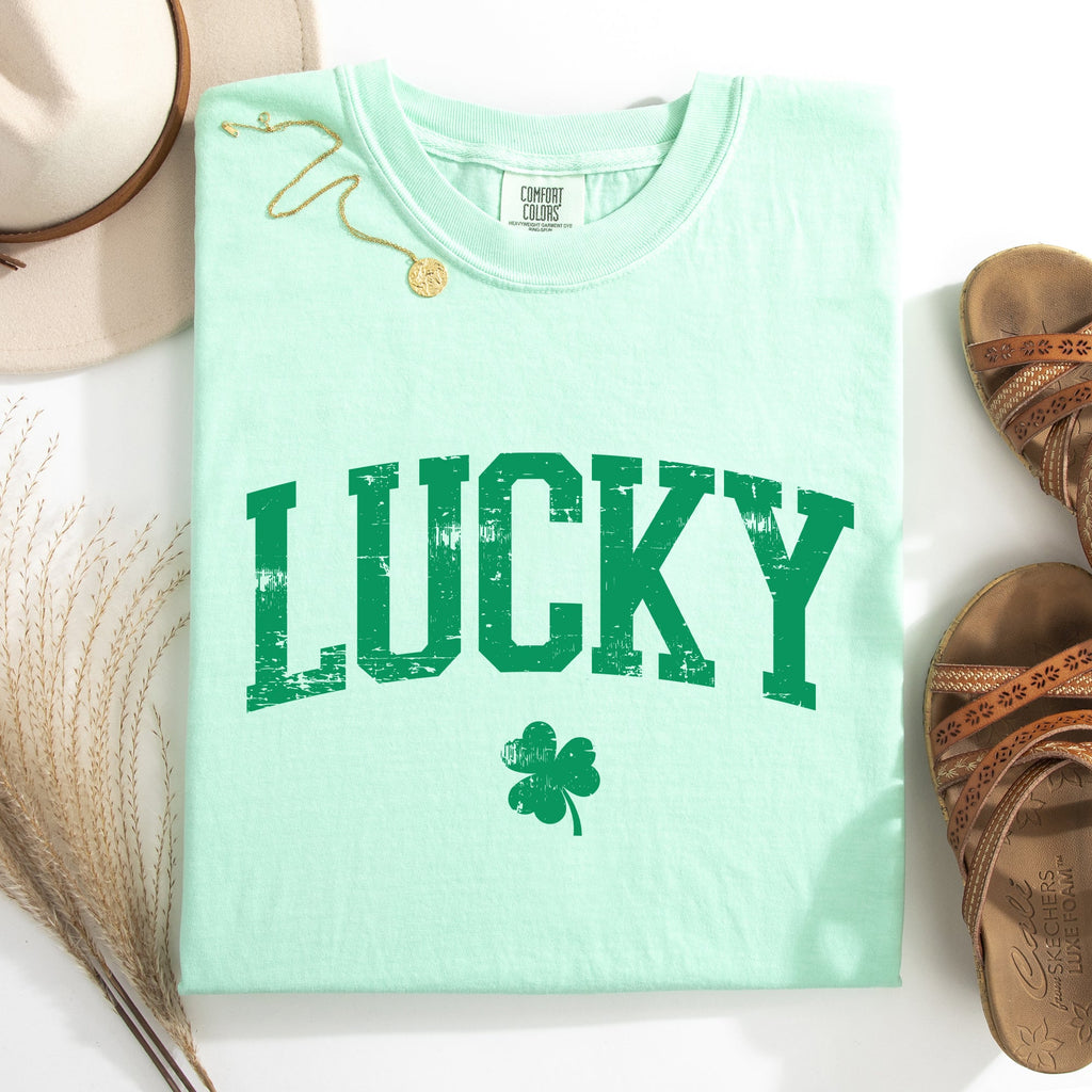 Lucky Leprechaun Shamrock Clover St Patrick's Day Collegiate Varsity Comfort Colors Tee