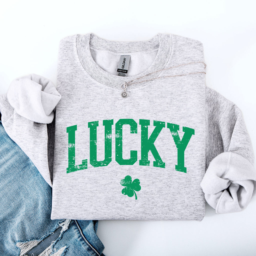 Lucky Collegiate Varsity Shamrock Leprechaun Clover St Patrick's Day Edition Sweatshirt