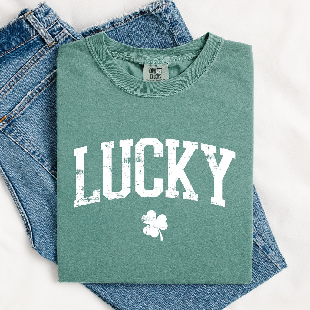 Lucky Leprechaun Shamrock Clover St Patrick's Day Collegiate Varsity Comfort Colors Tee
