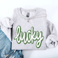Lucky Cursive Vintage St Patrick's Day Shamrock Clover Leprechaun Graphic Sweatshirt
