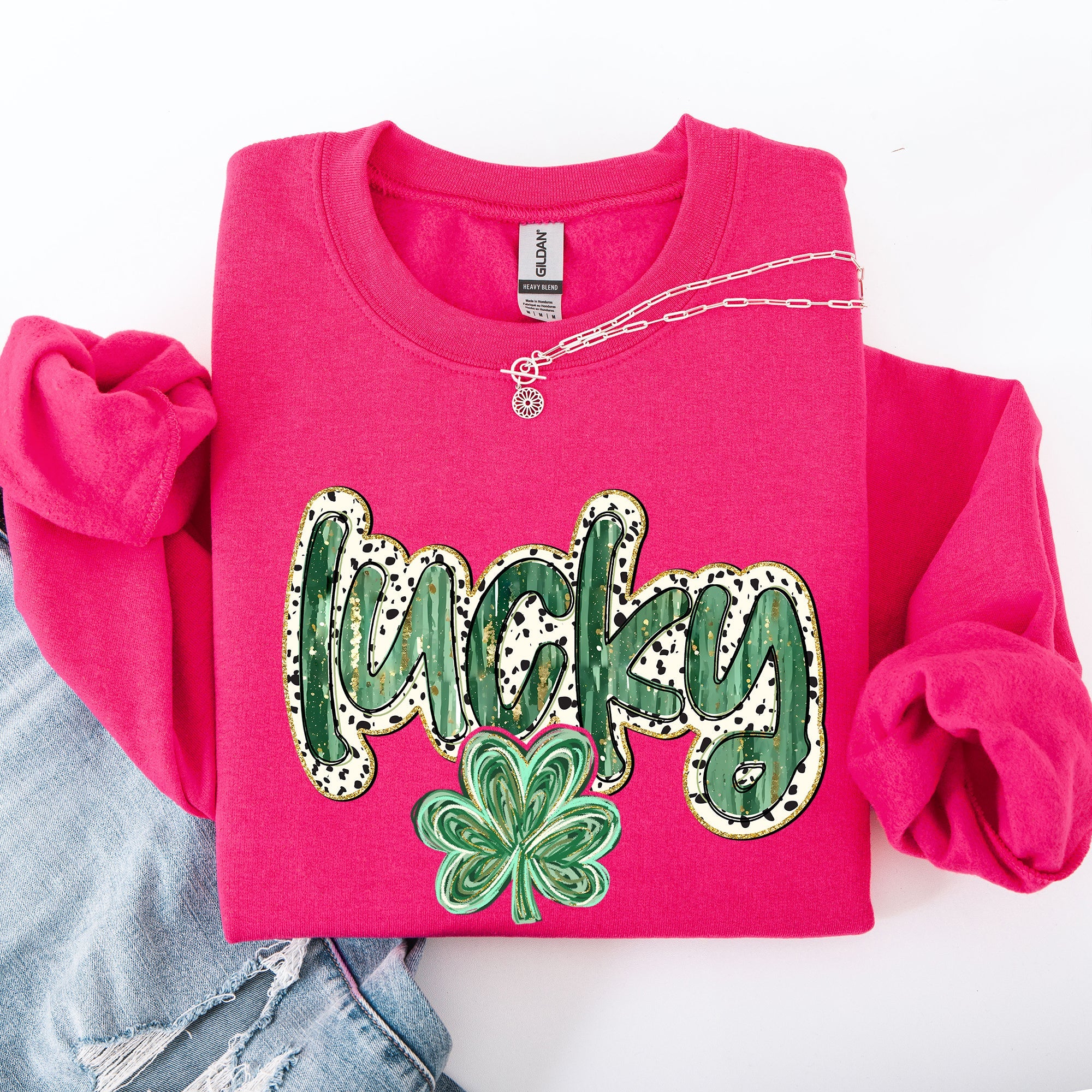 Lucky Dalmatian Print Leprechaun Shamrock Clover St Patrick's Day Festive Sweatshirt