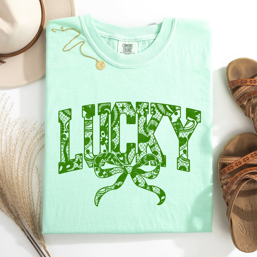 Lucky Lace Coquette Ribbon St Patrick's Day Shamrock Clover Leprechaun Comfort Colors Tee