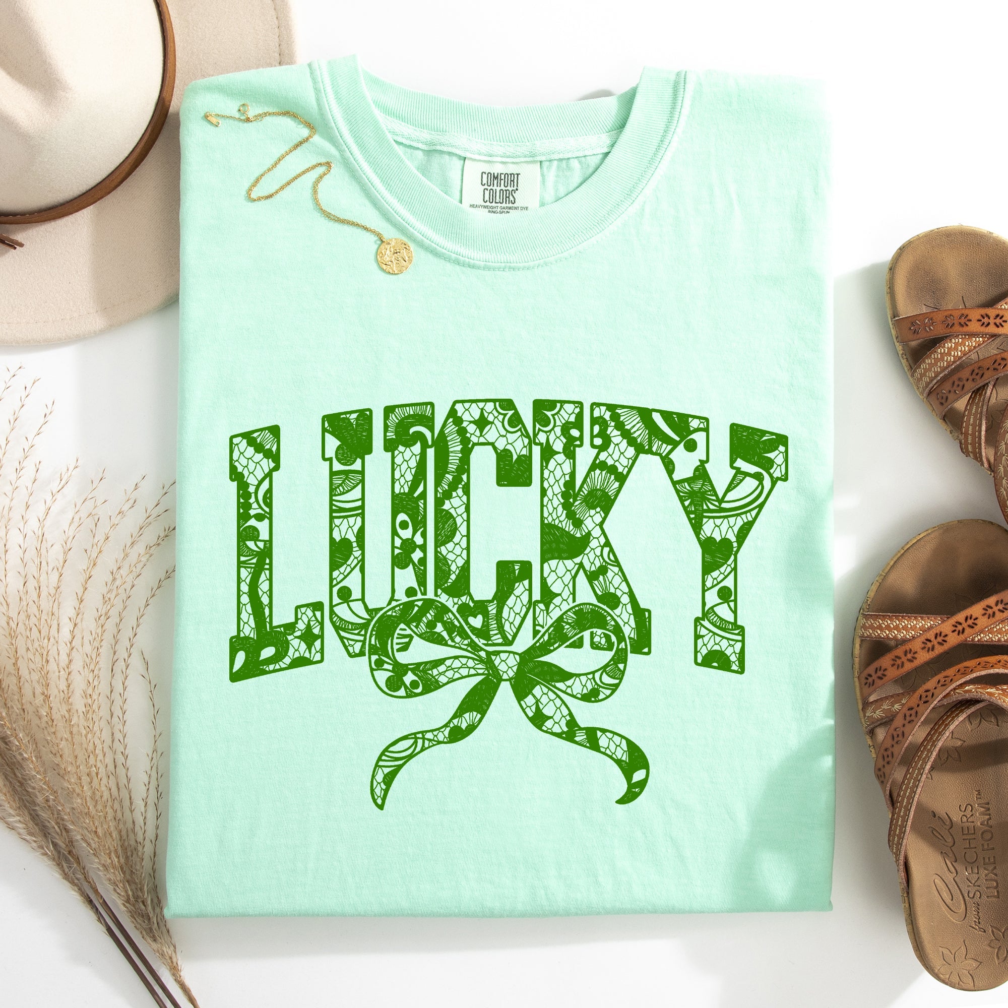 Lucky Lace Coquette Ribbon St Patrick's Day Shamrock Clover Leprechaun Comfort Colors Tee
