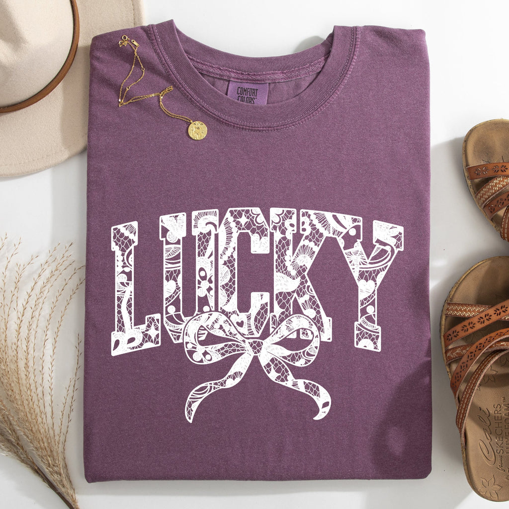 Lucky Lace Coquette Ribbon St Patrick's Day Shamrock Clover Leprechaun Comfort Colors Tee