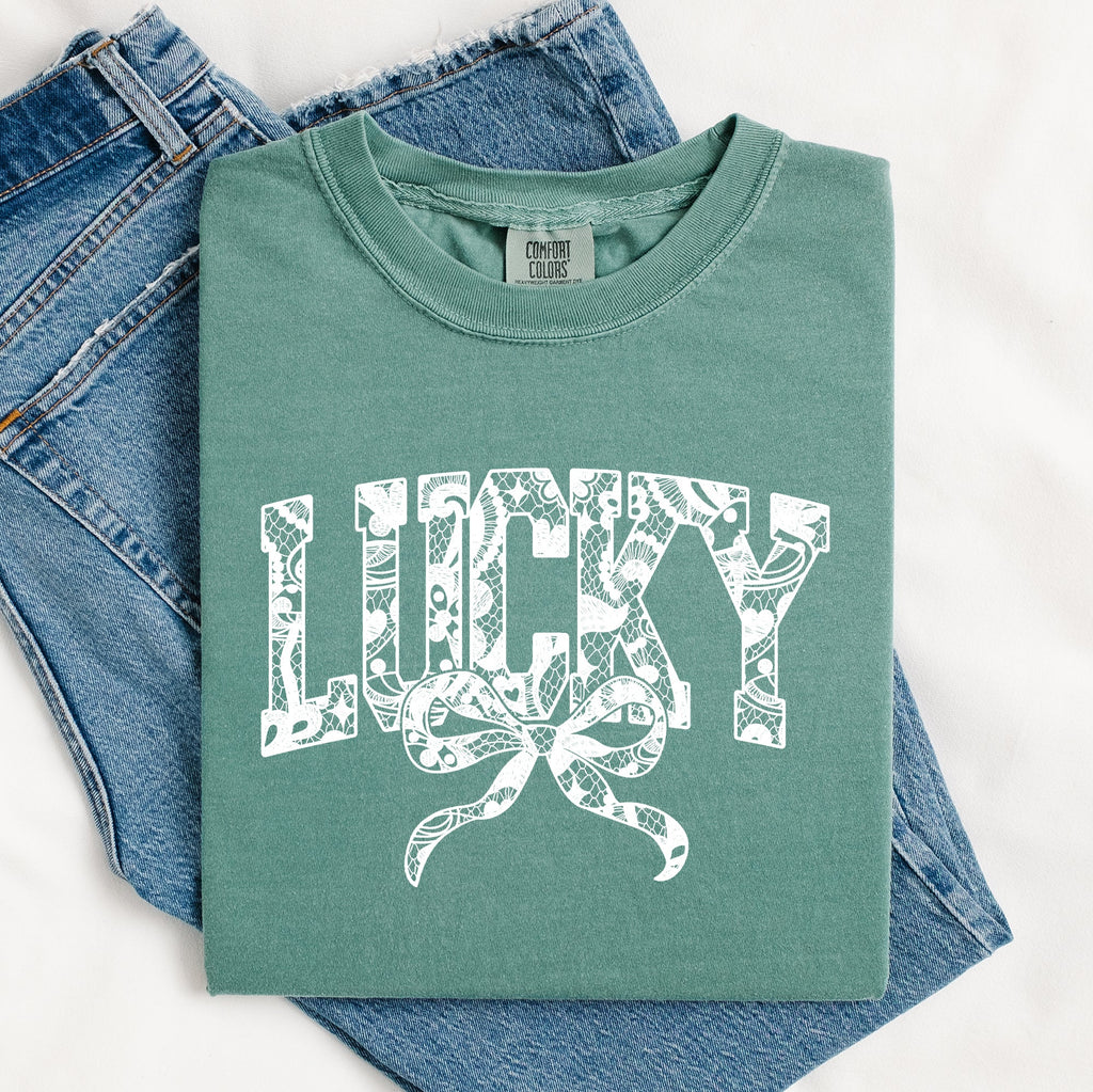 Lucky Lace Coquette Ribbon St Patrick's Day Shamrock Clover Leprechaun Comfort Colors Tee