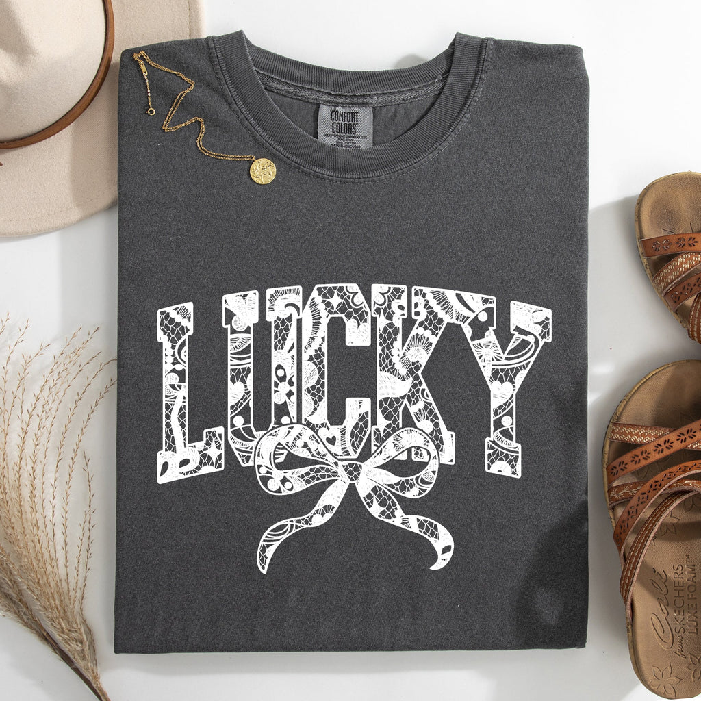 Lucky Lace Coquette Ribbon St Patrick's Day Shamrock Clover Leprechaun Comfort Colors Tee