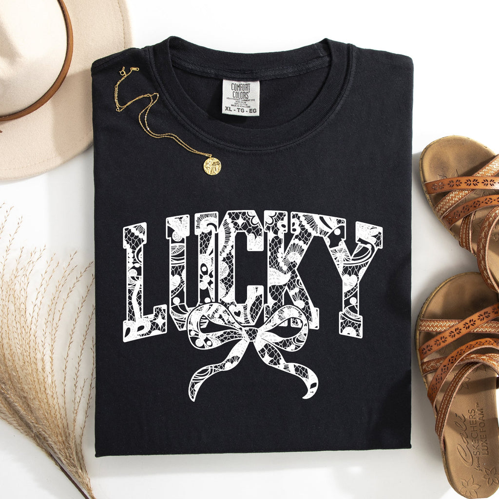 Lucky Lace Coquette Ribbon St Patrick's Day Shamrock Clover Leprechaun Comfort Colors Tee