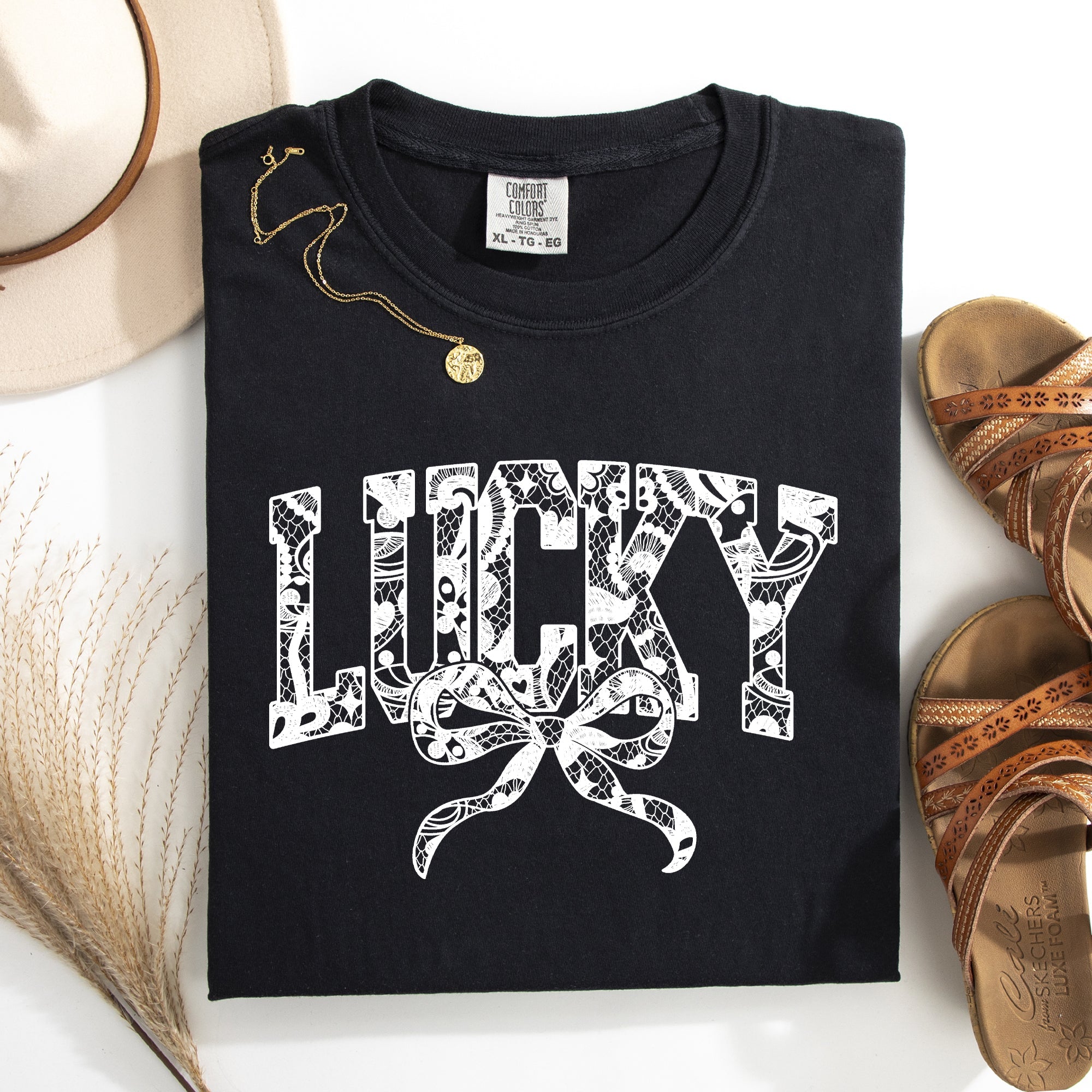 Lucky Lace Coquette Ribbon St Patrick's Day Shamrock Clover Leprechaun Comfort Colors Tee